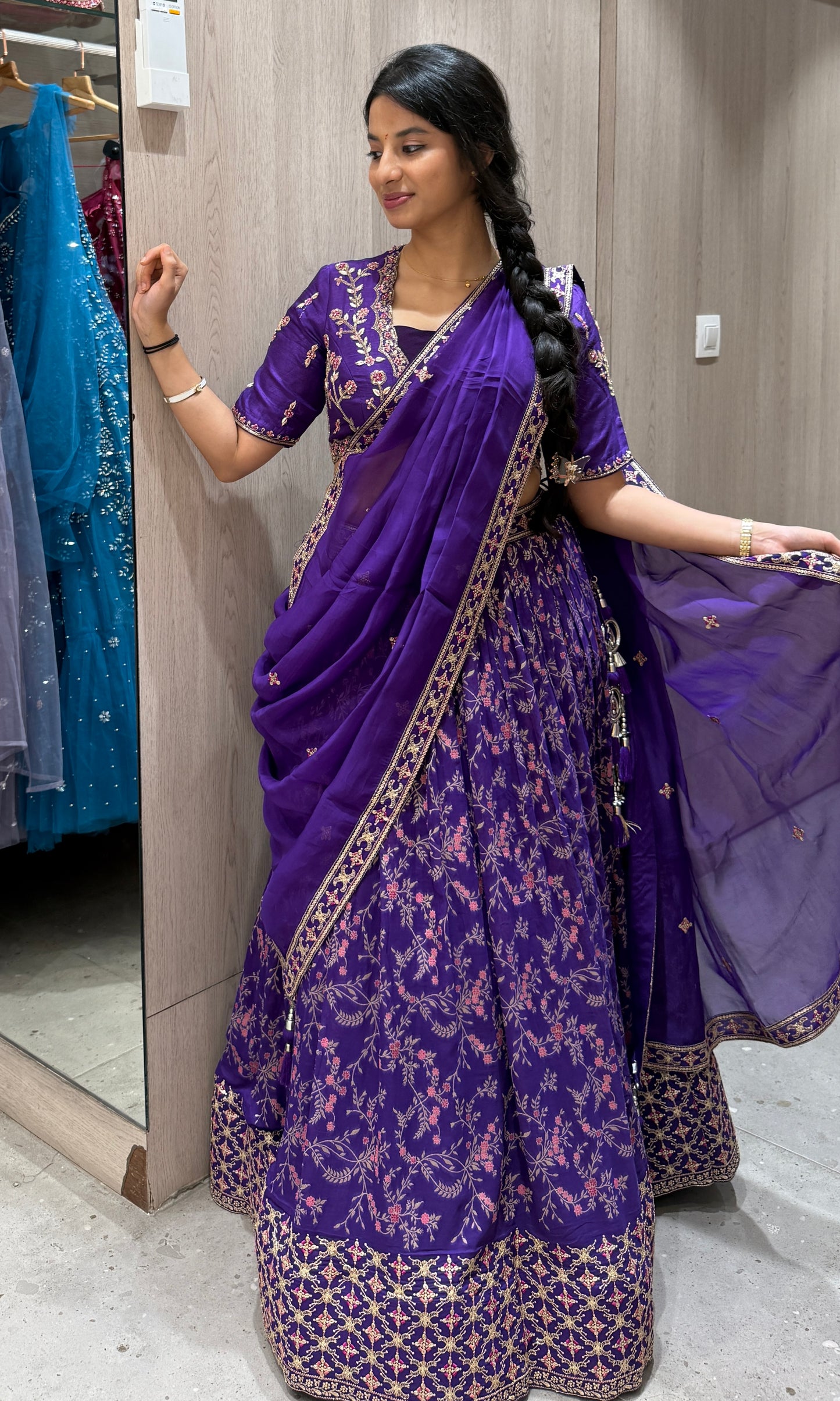 Purple lehanga with designer blouse