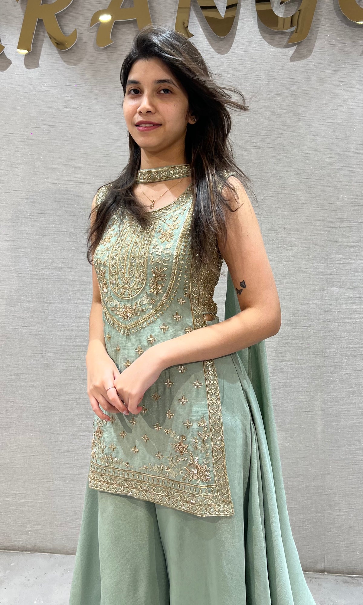 Sage Green Zari Embroidered Chanderi Palazzo Set