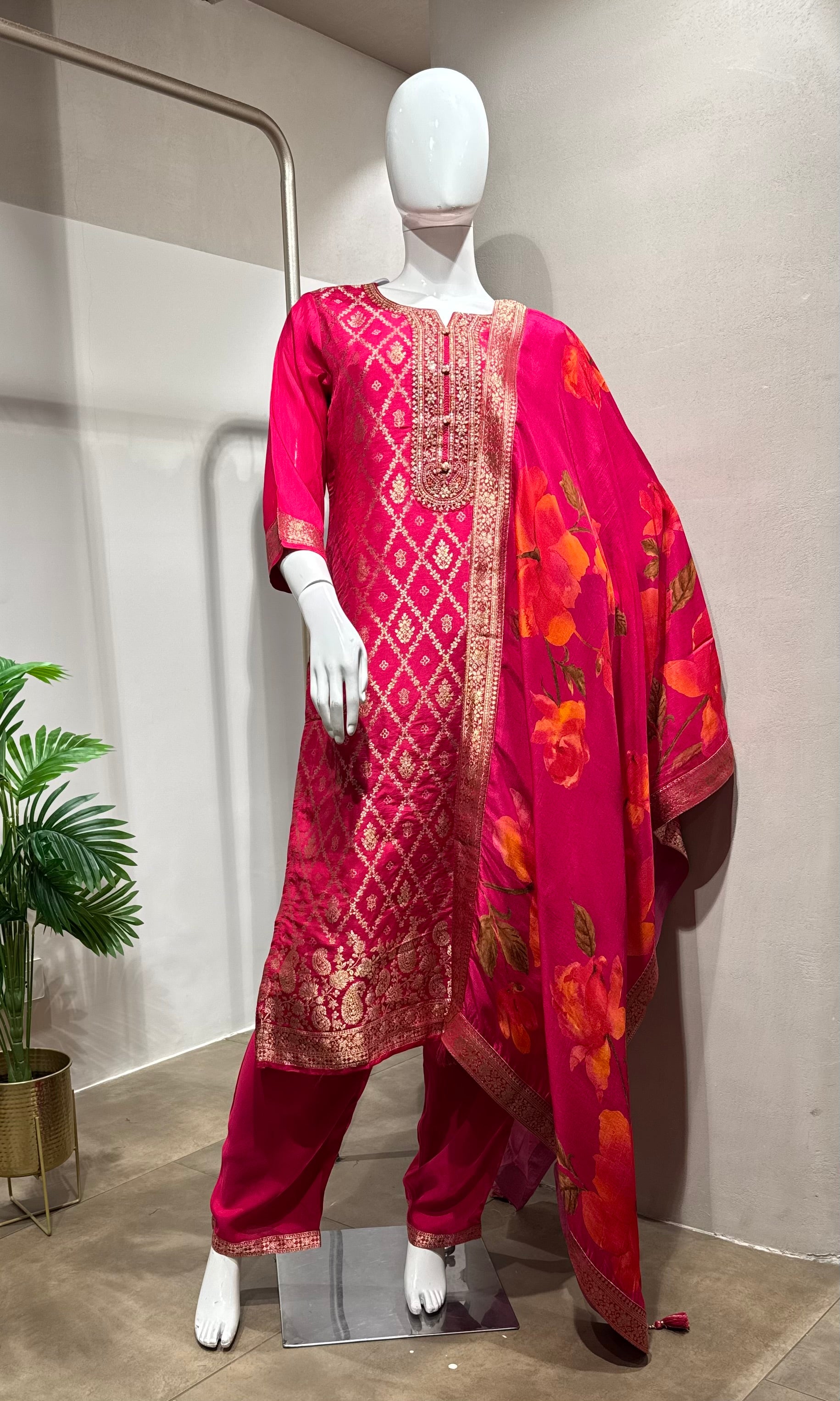 Pink Woven Design Silk KURTA Suit with Dupatta