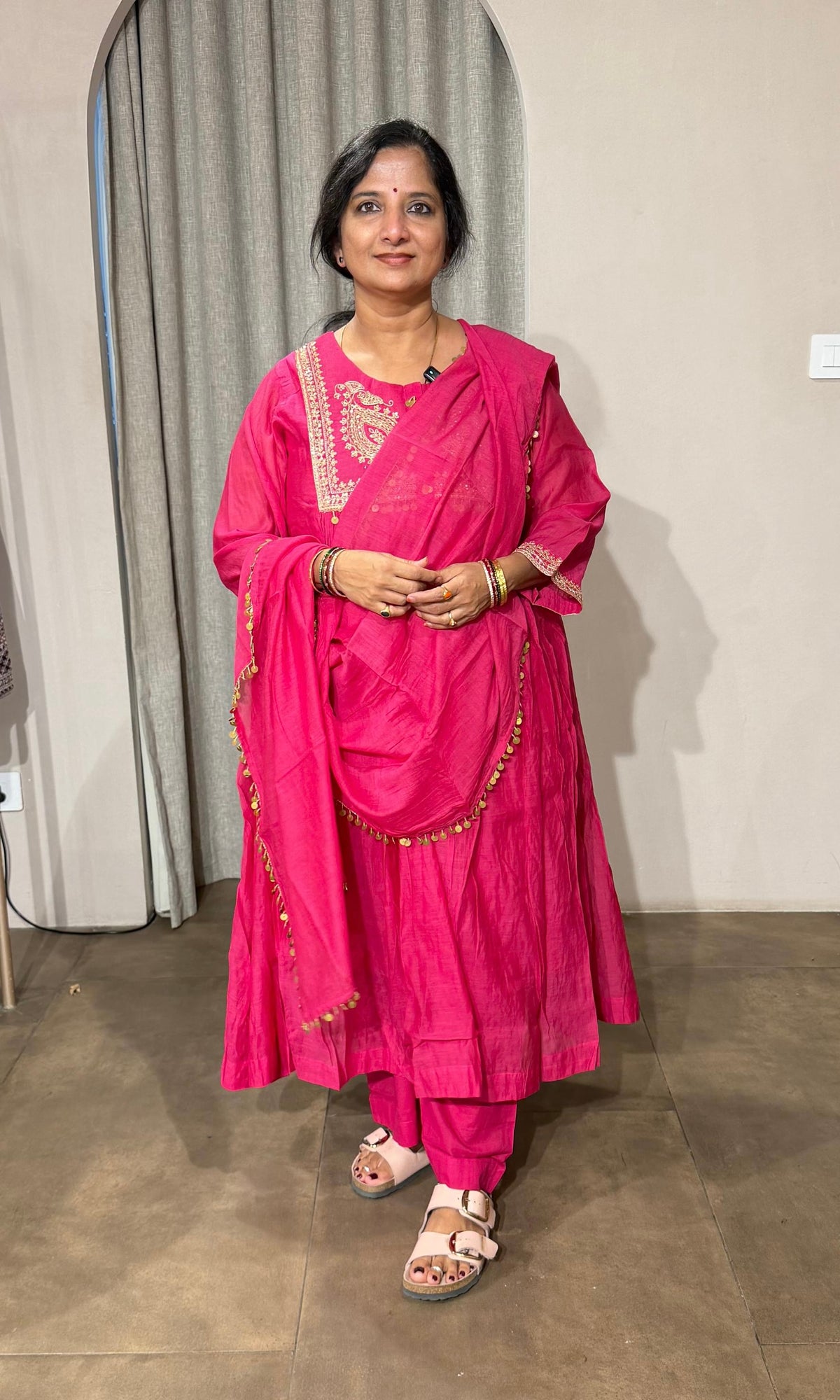 PINK COTTON ETHNIC A LINE KURTA SET WITH DUPATTA
