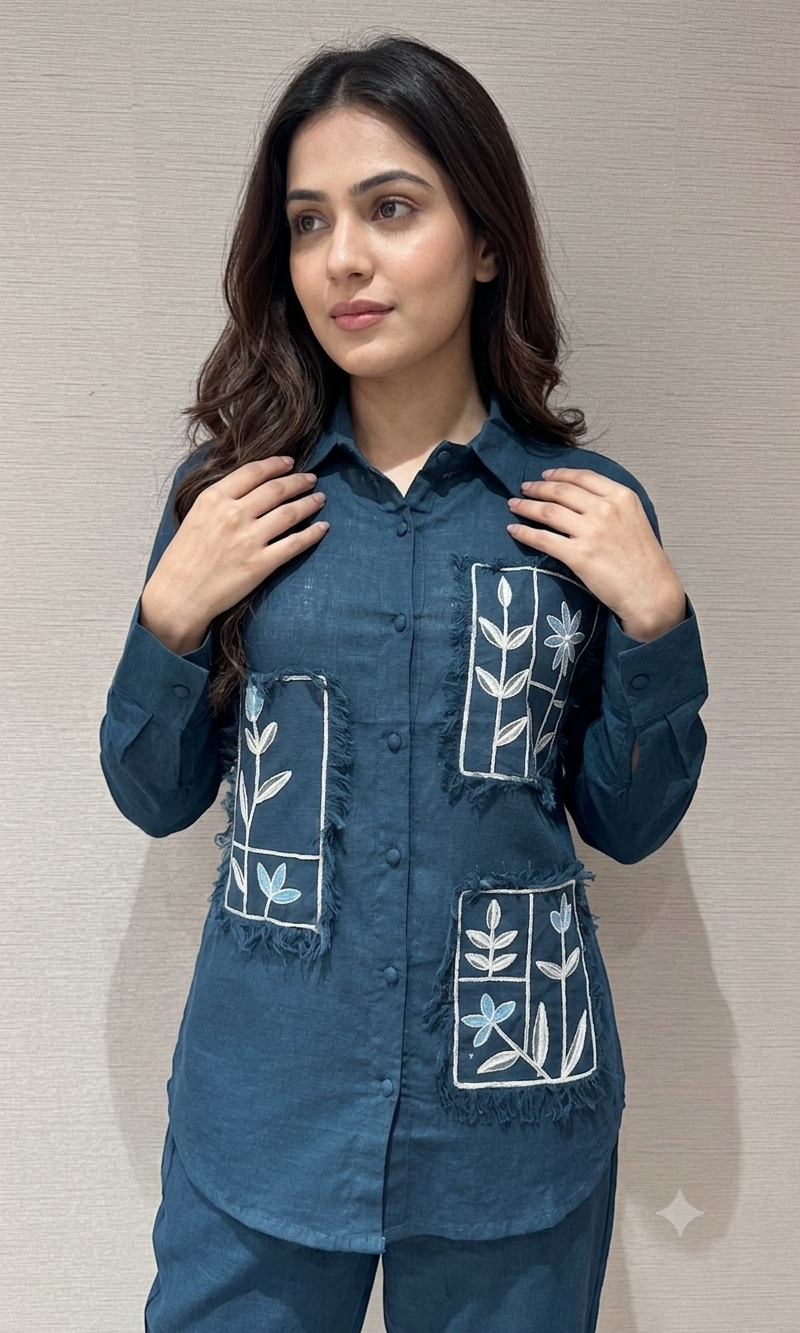 Green cotton embroidery work short cord set
