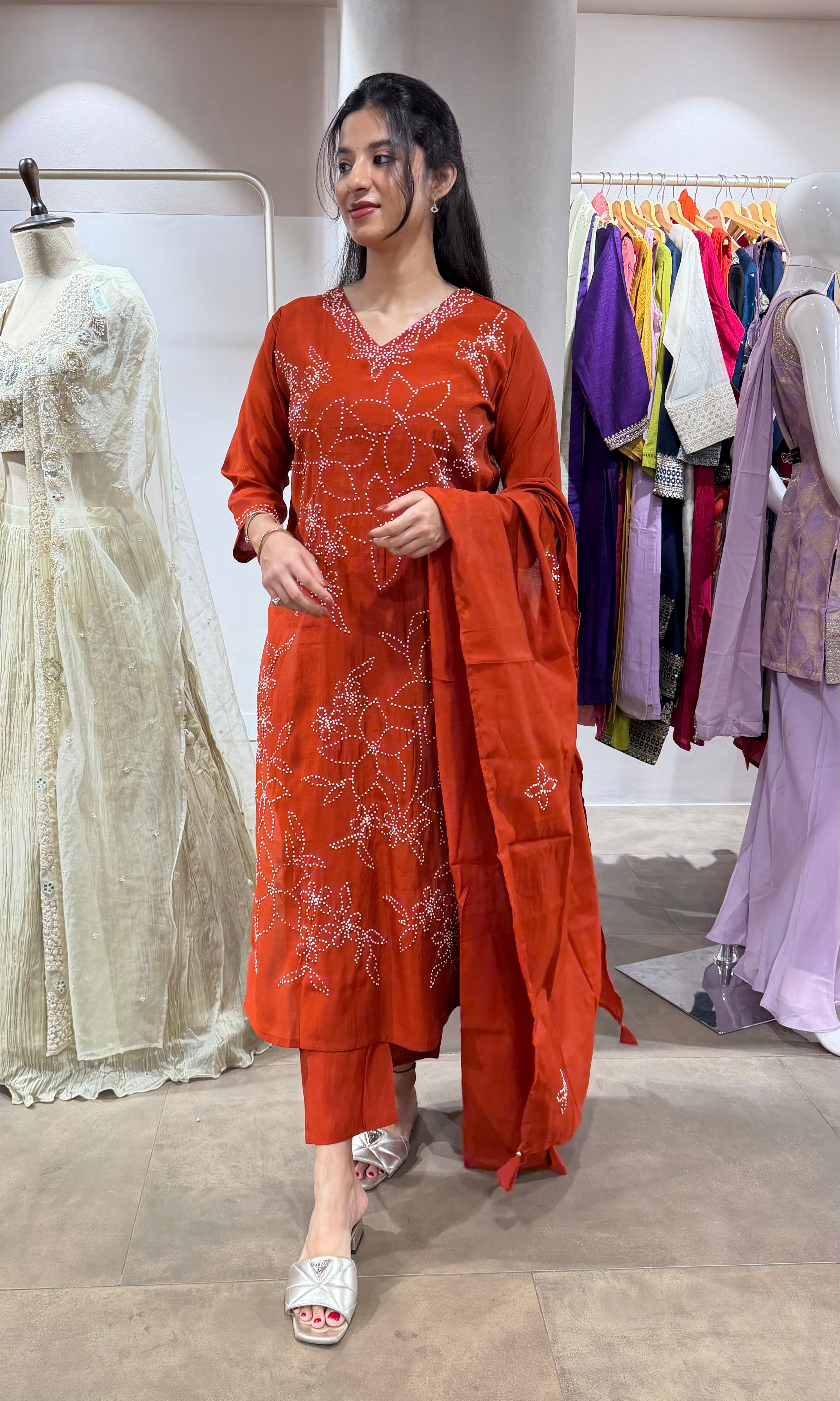 RUST FLORAL MUL CHANDERI KURTA SET