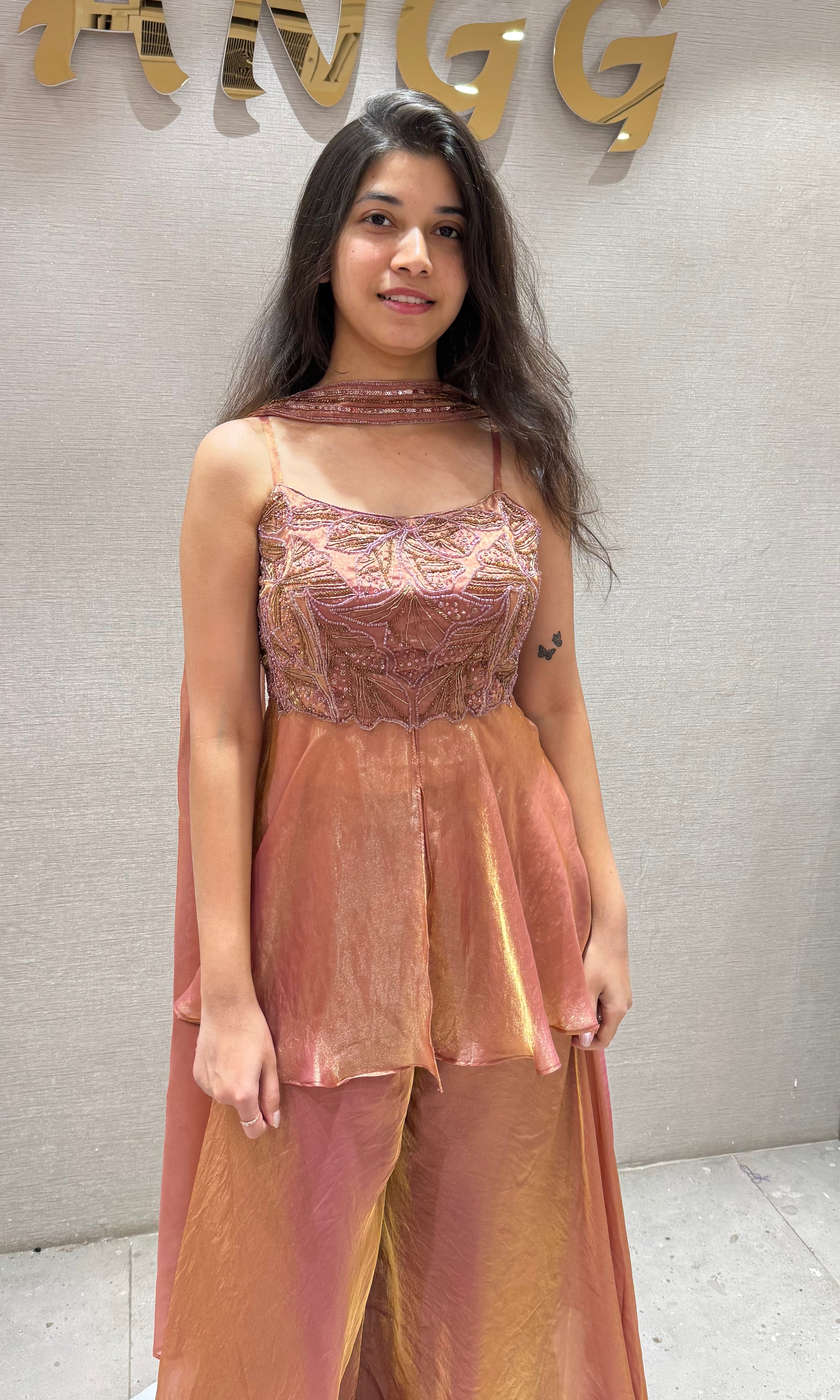 Rust EMBROIDERED PEPLUM PALAZZO SET