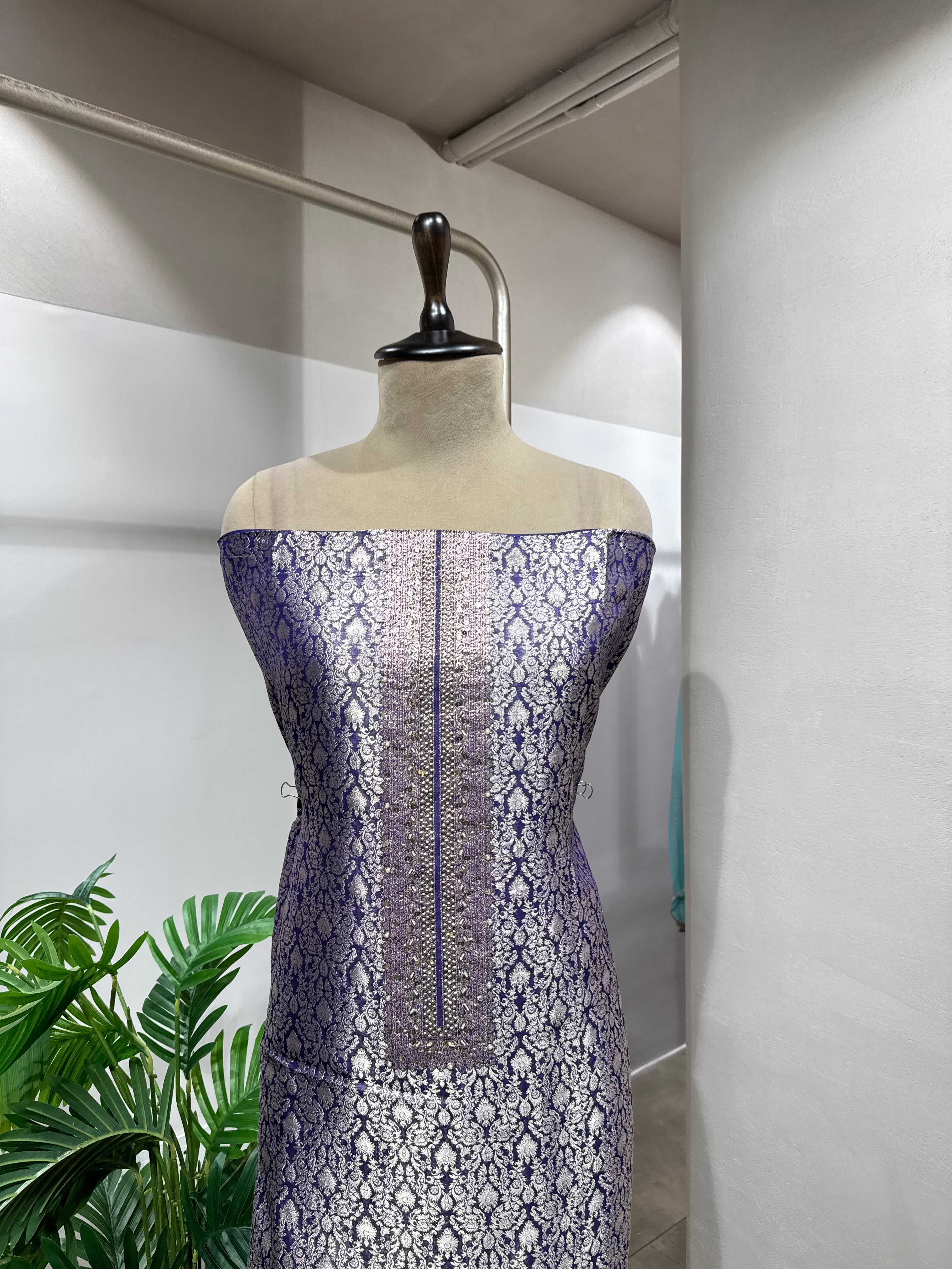 PURPLE & Silver Banarasi Silk DRESS MATERIAL