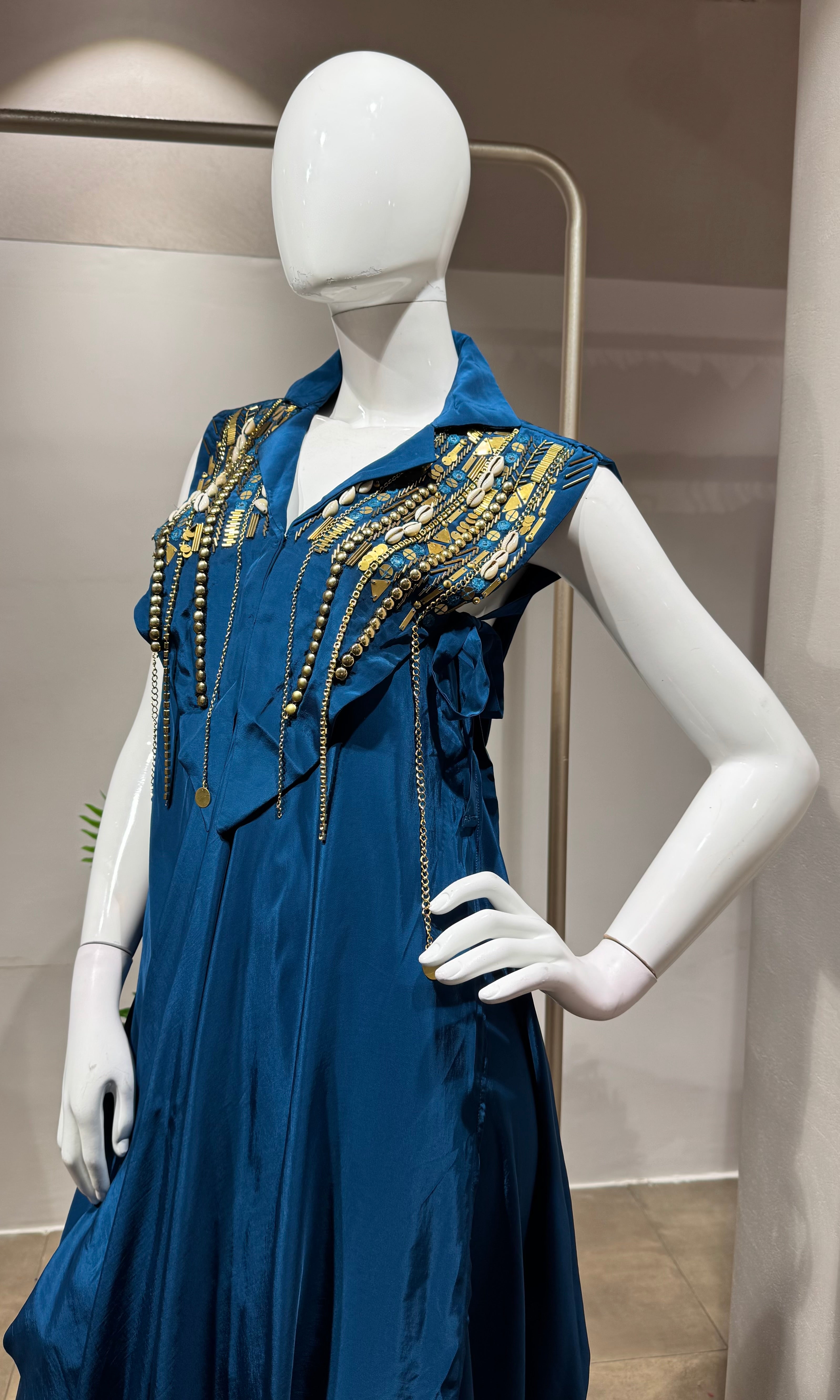 Teal Blue Embellished Draped Dothi style