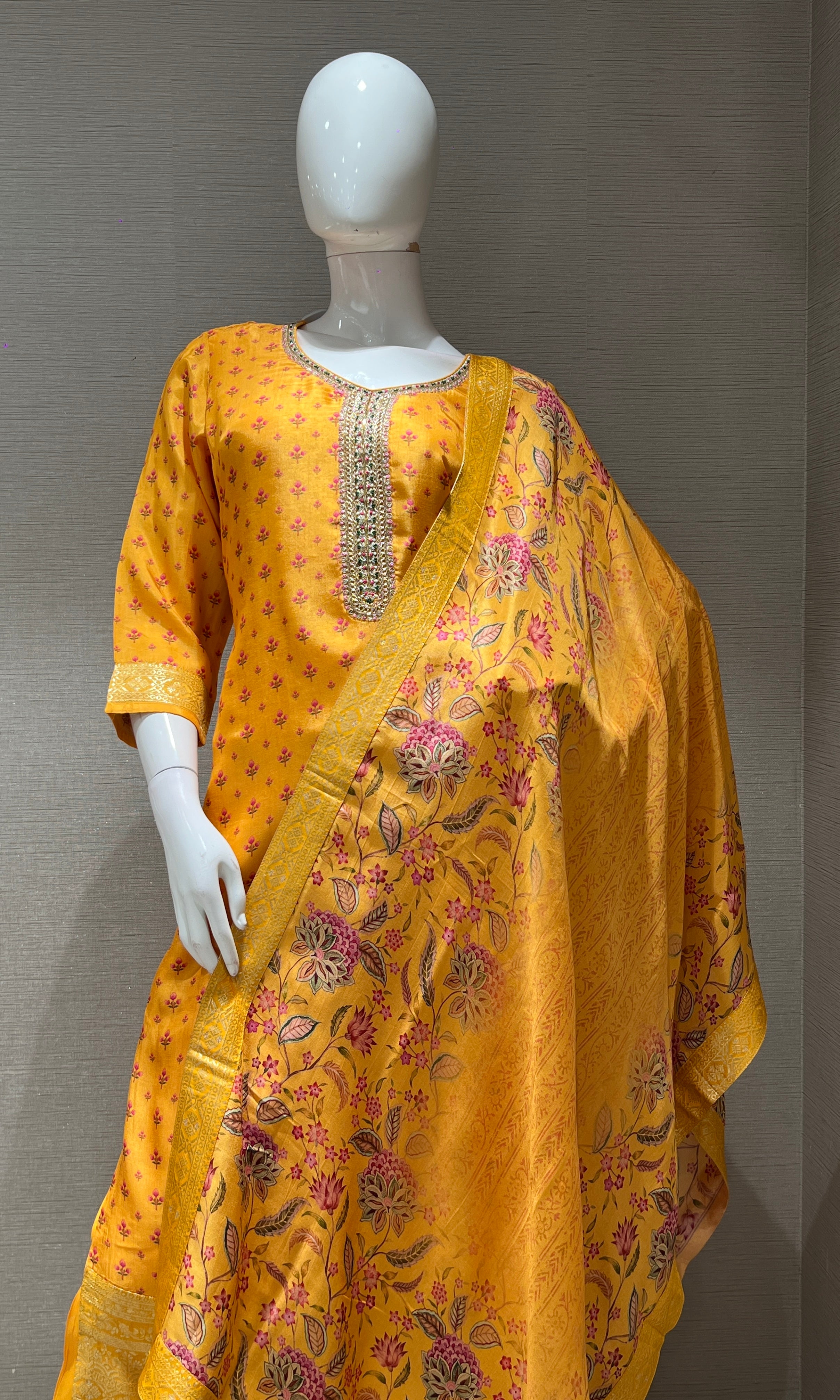 yellow embroidered printed kurta set