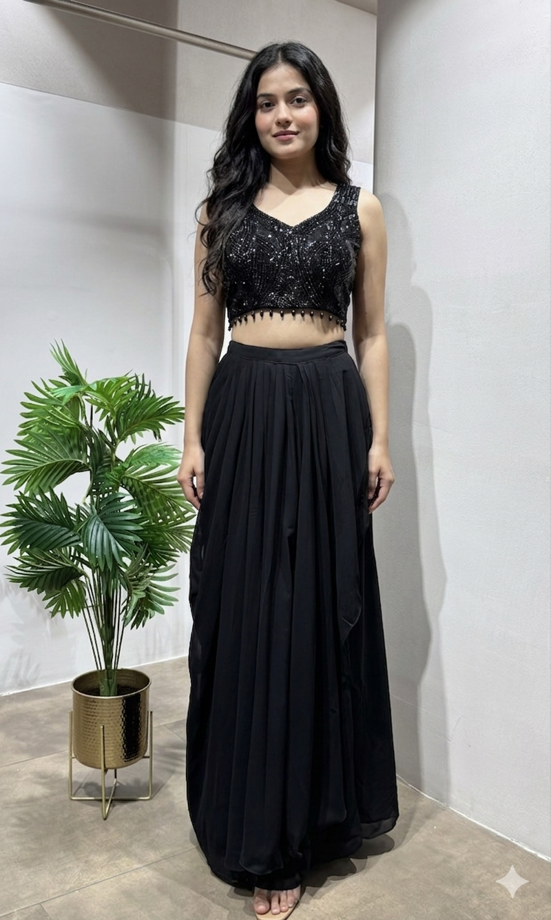 Black Embroidered Georgette Draped Skirt