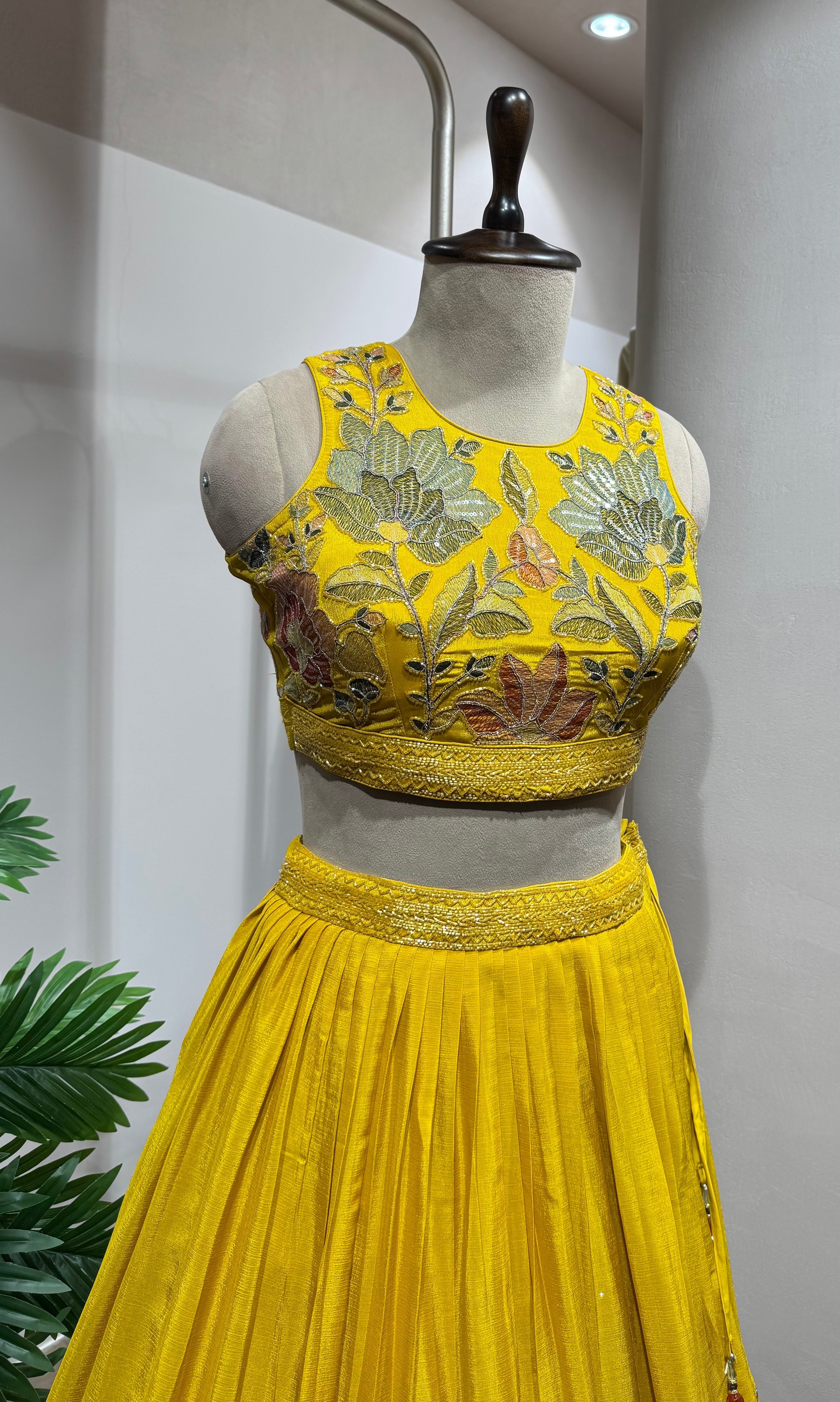 yellow floral printed embroidered lehenga