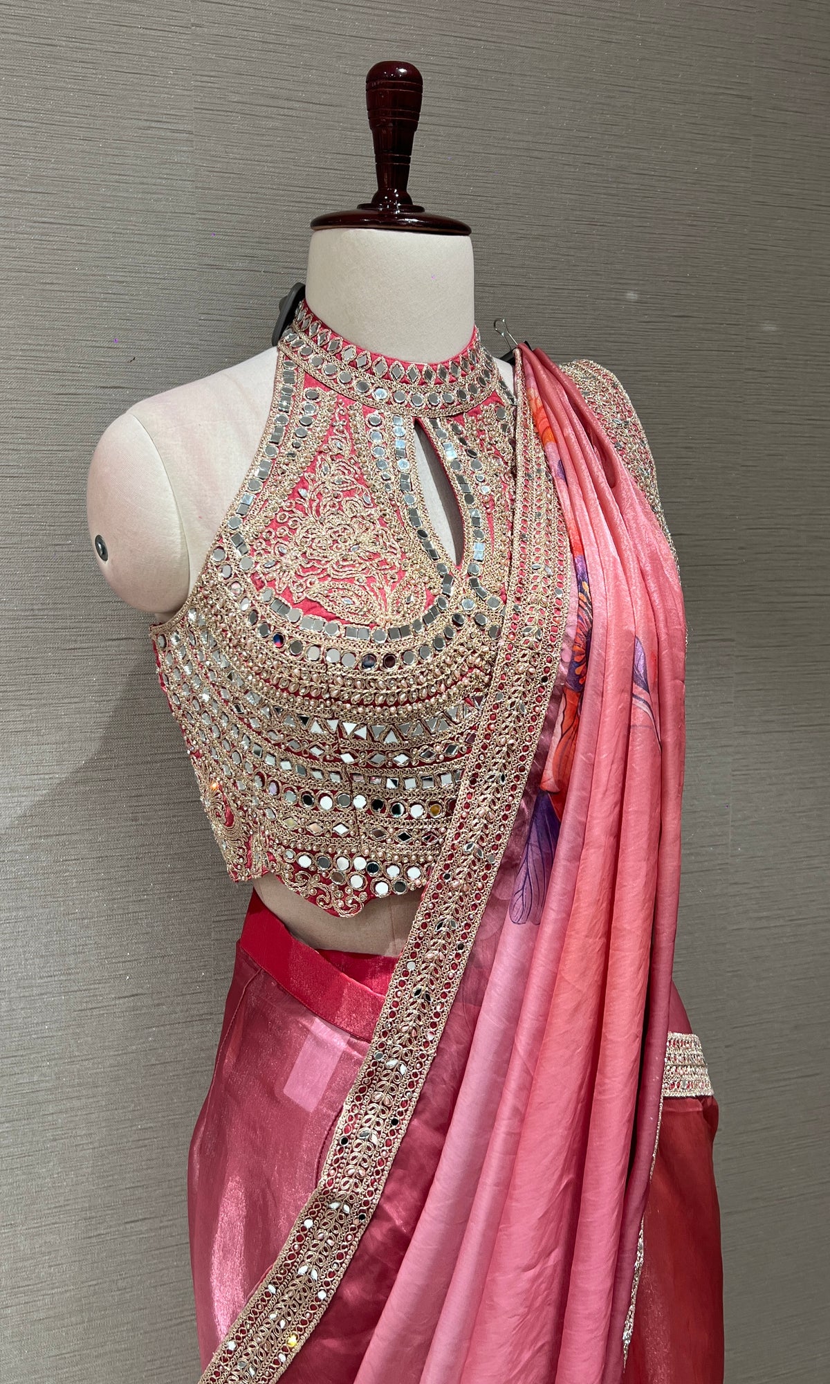 blush pink saree with Embellished halter neck blouse