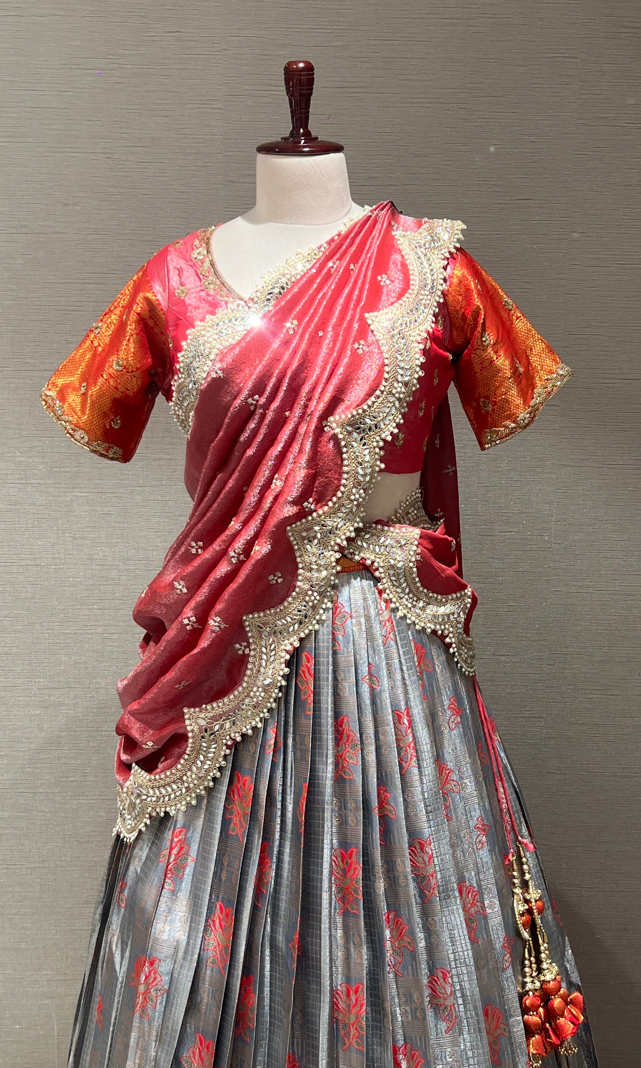 Rani pink AND Grey Floral lehenga