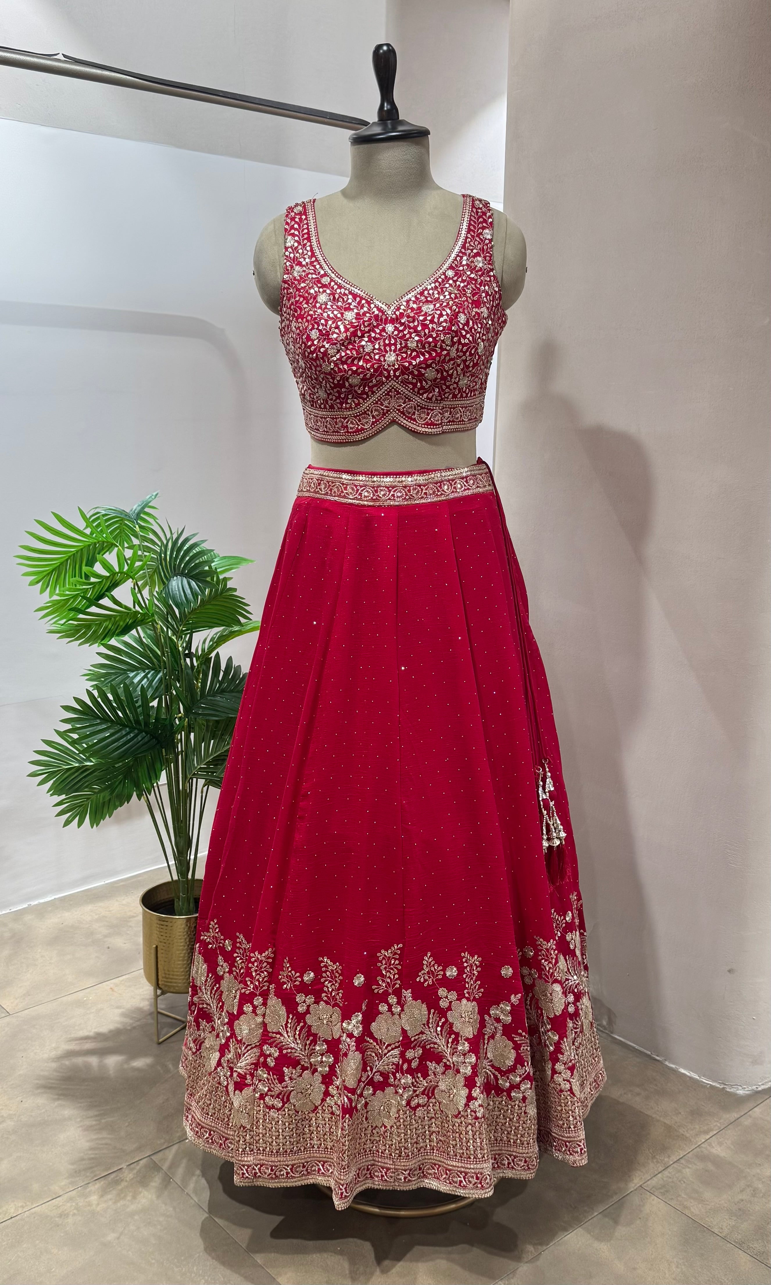 Rani pink GOLDEN FLORAL EMBROIDERY Lehenga
