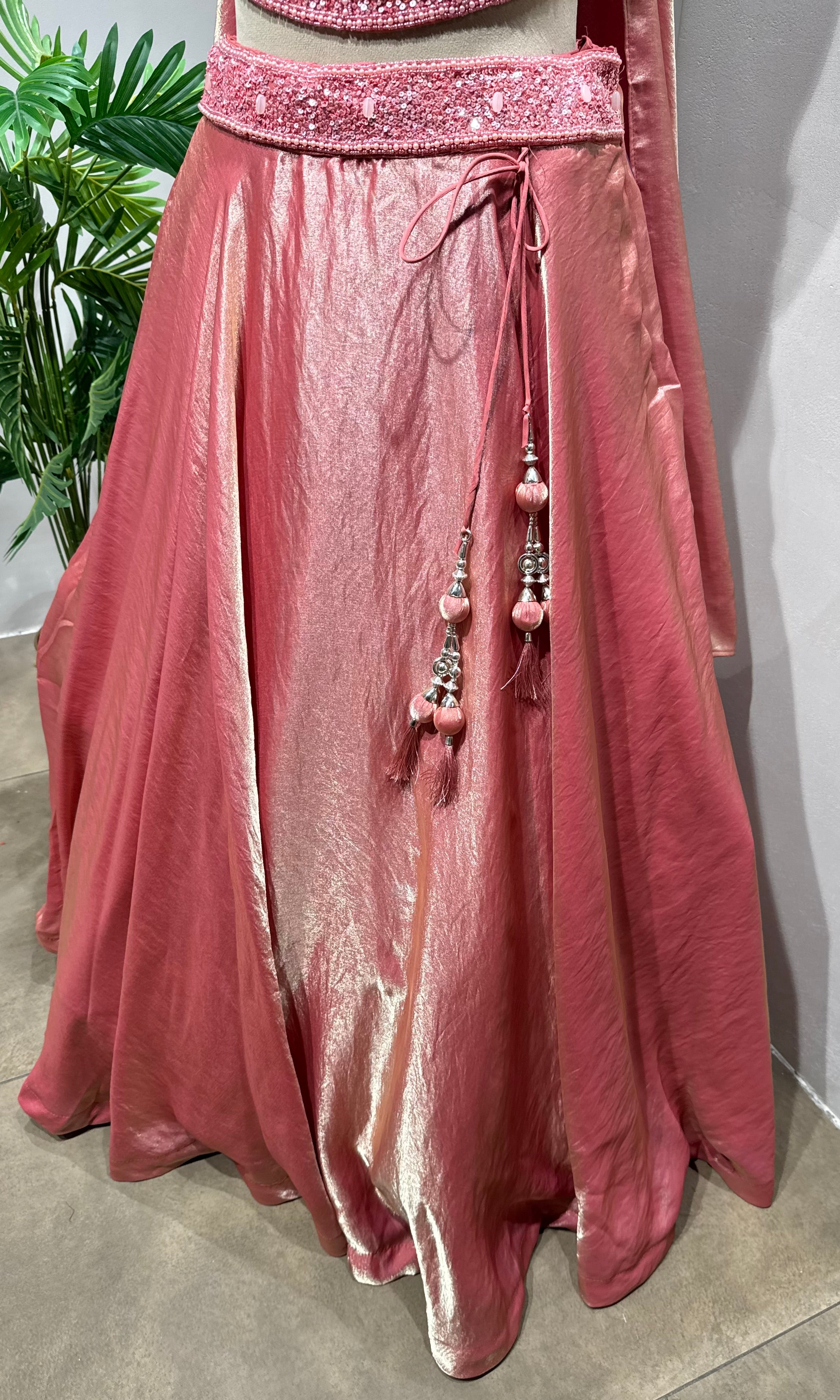 pink shimmer silk corset blouse lehenga