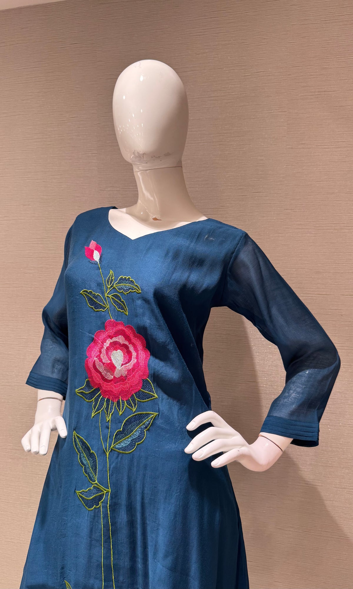 Navy blue cotton rose floral embroidery kurta set with dupatta