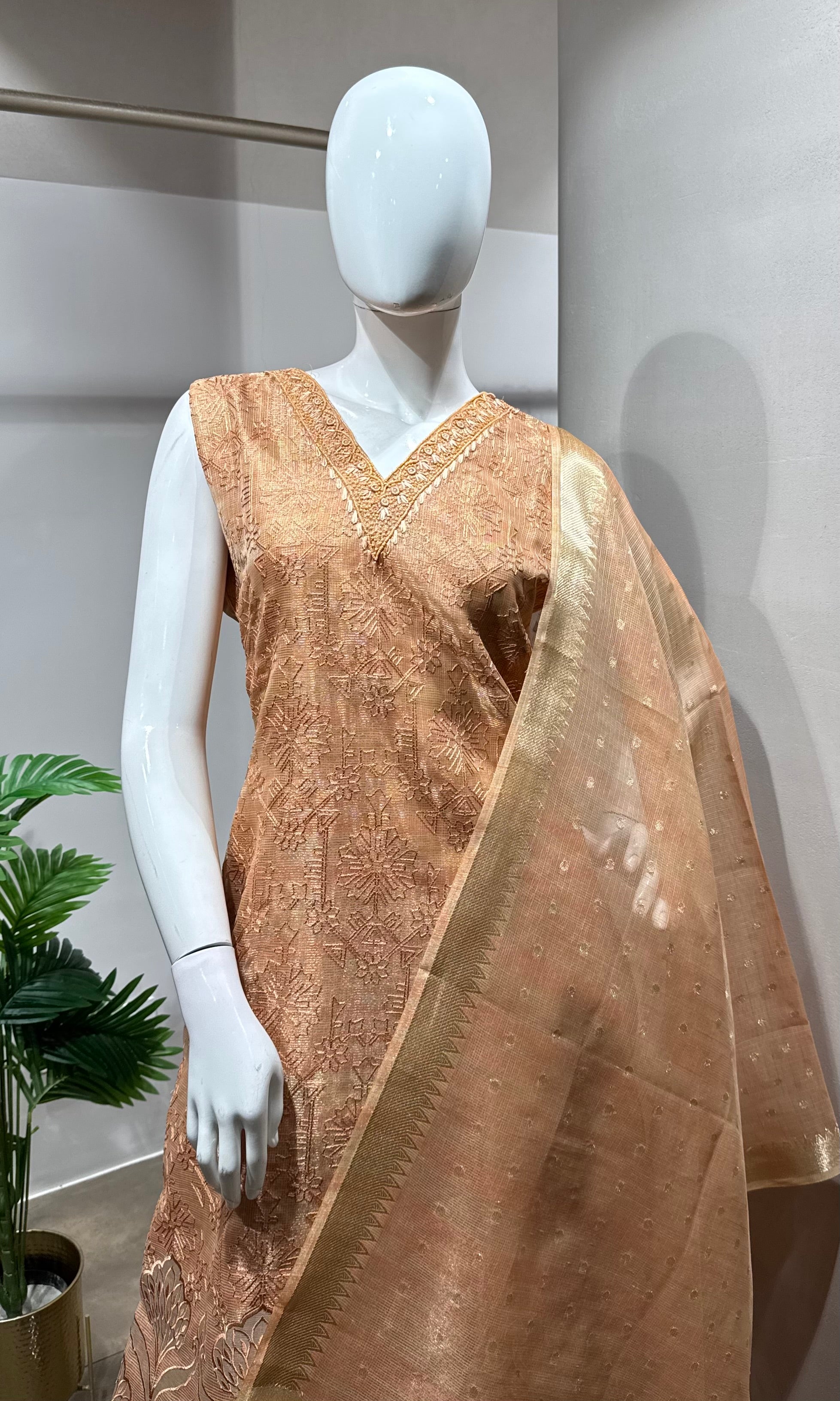 light peach tissue printed kurta set