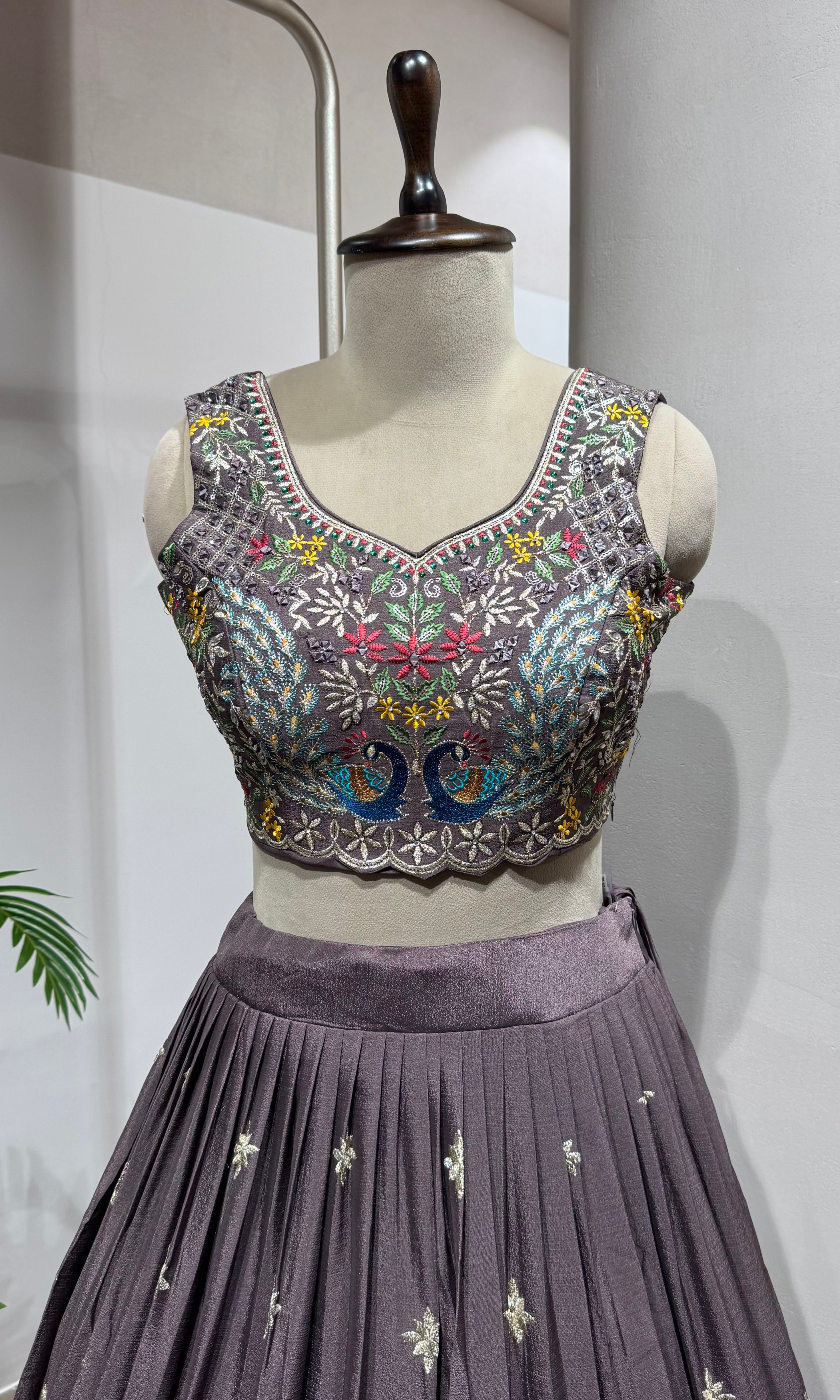 Brown Georgette Lehenga with Multi-Color Embroidery
