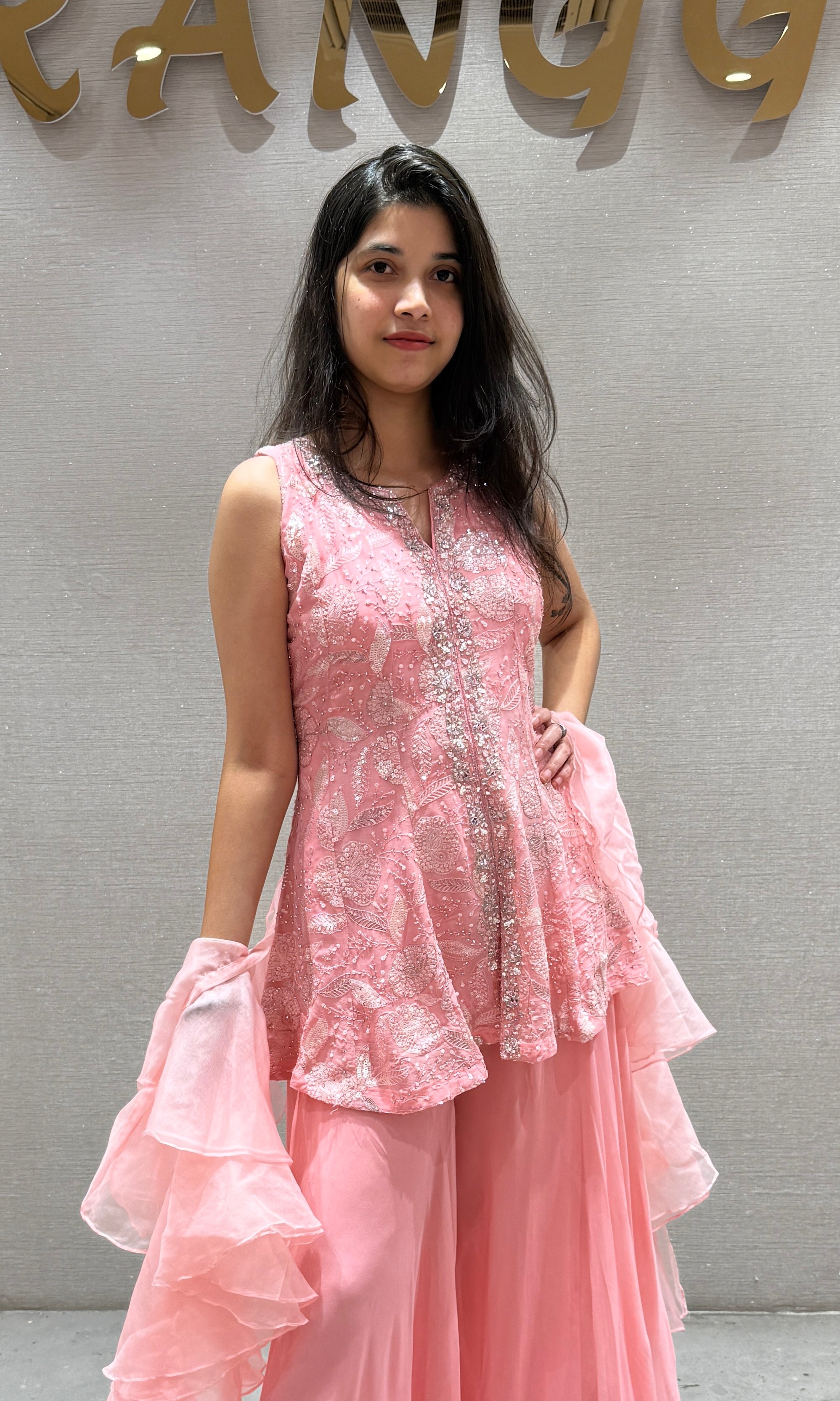 Blush Pink Embroidered Ruffle Palazzo Set