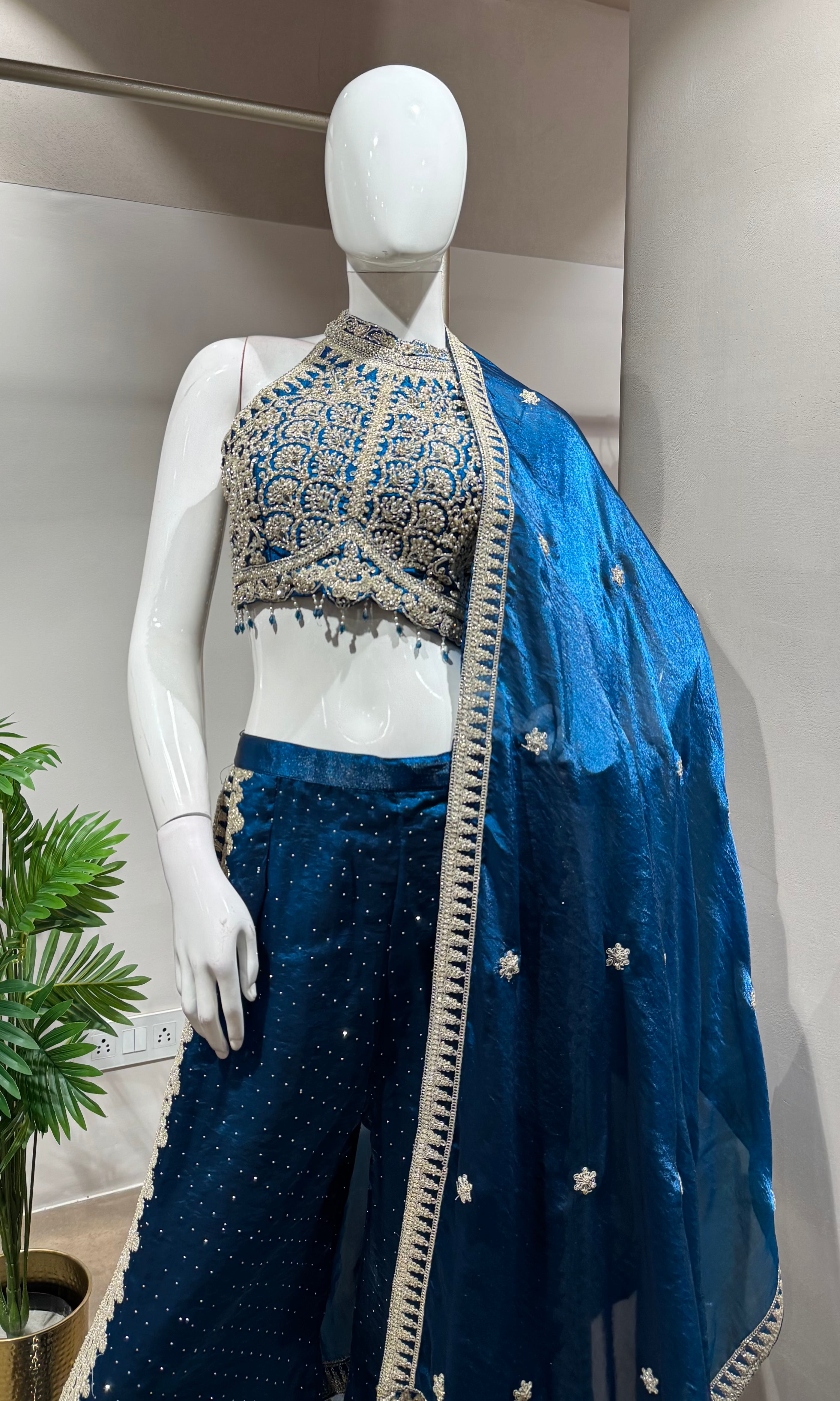 BLUE EMBROIDERED HALTER CROP TOP PALAZZO SET