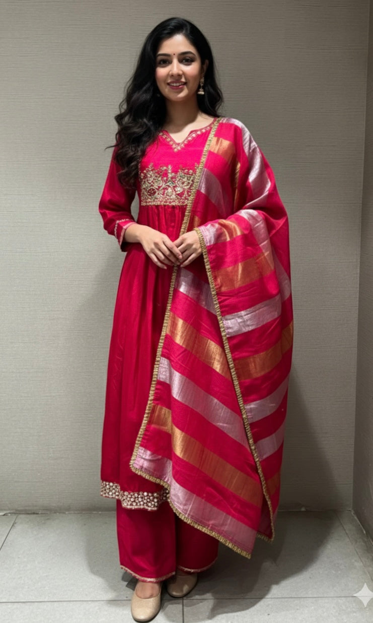 Rani pink gold embroidered kurta set