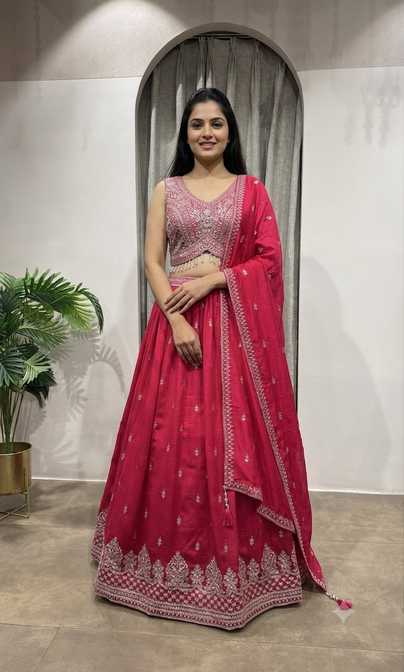 pink raw silk embroidered lehenga set