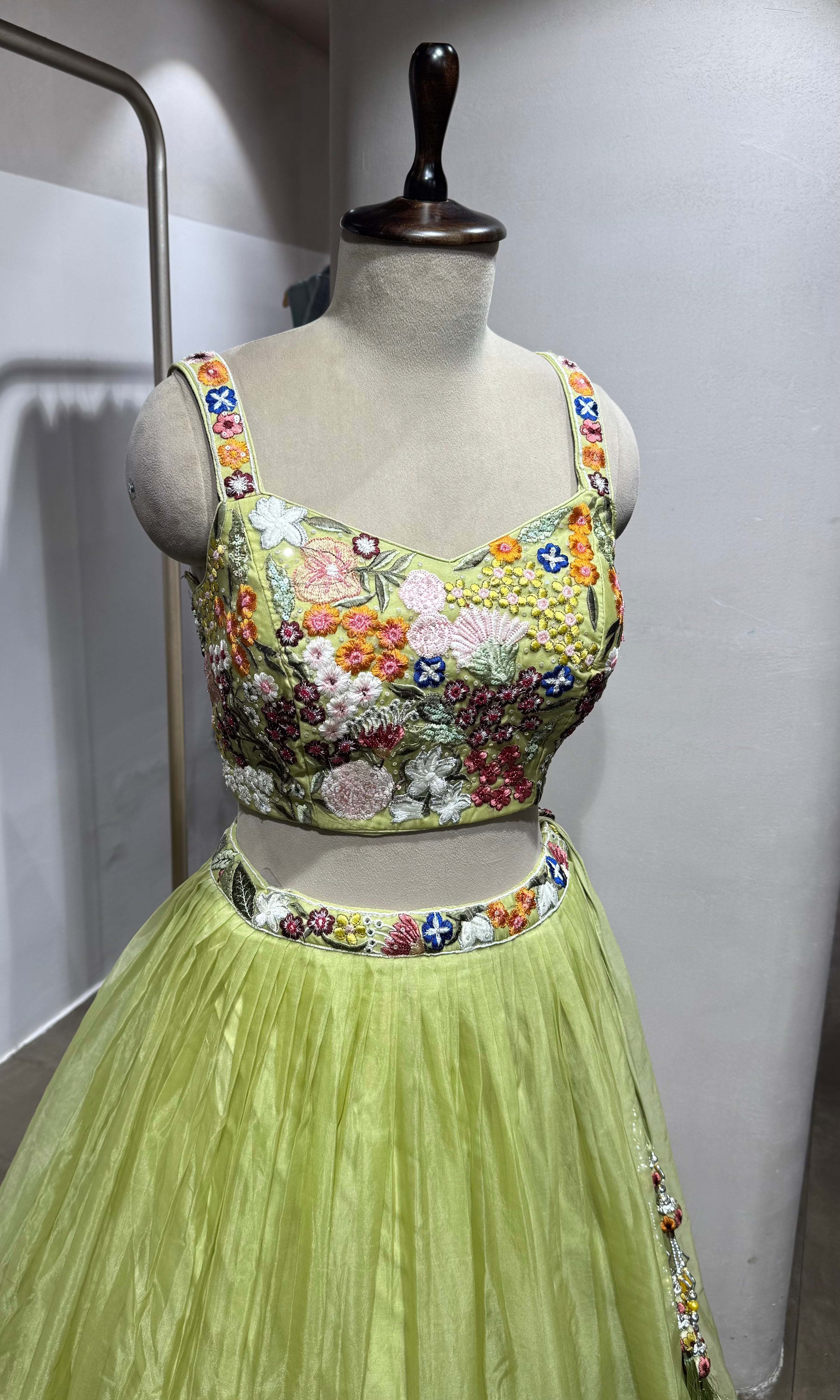 Green floral embroidered lehenga set