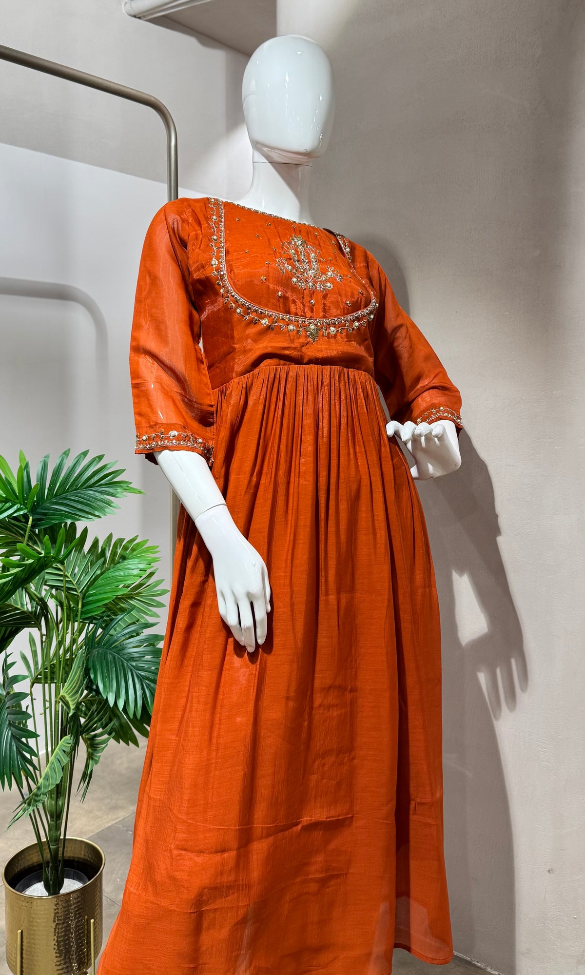 RUST EMBROIDERY MUL CHANDERI KURTA SET