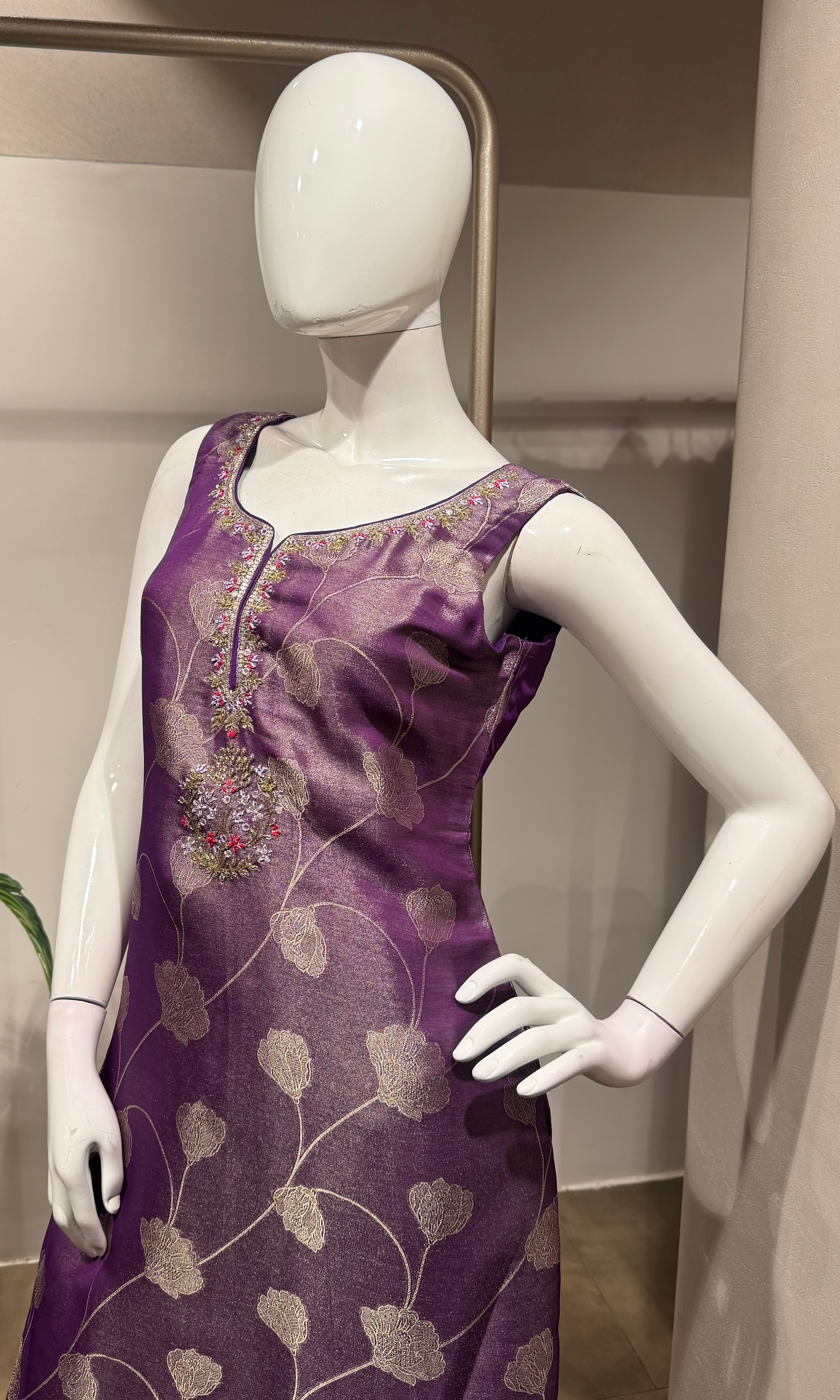 purple and gold Banarasi ethnic kurta set