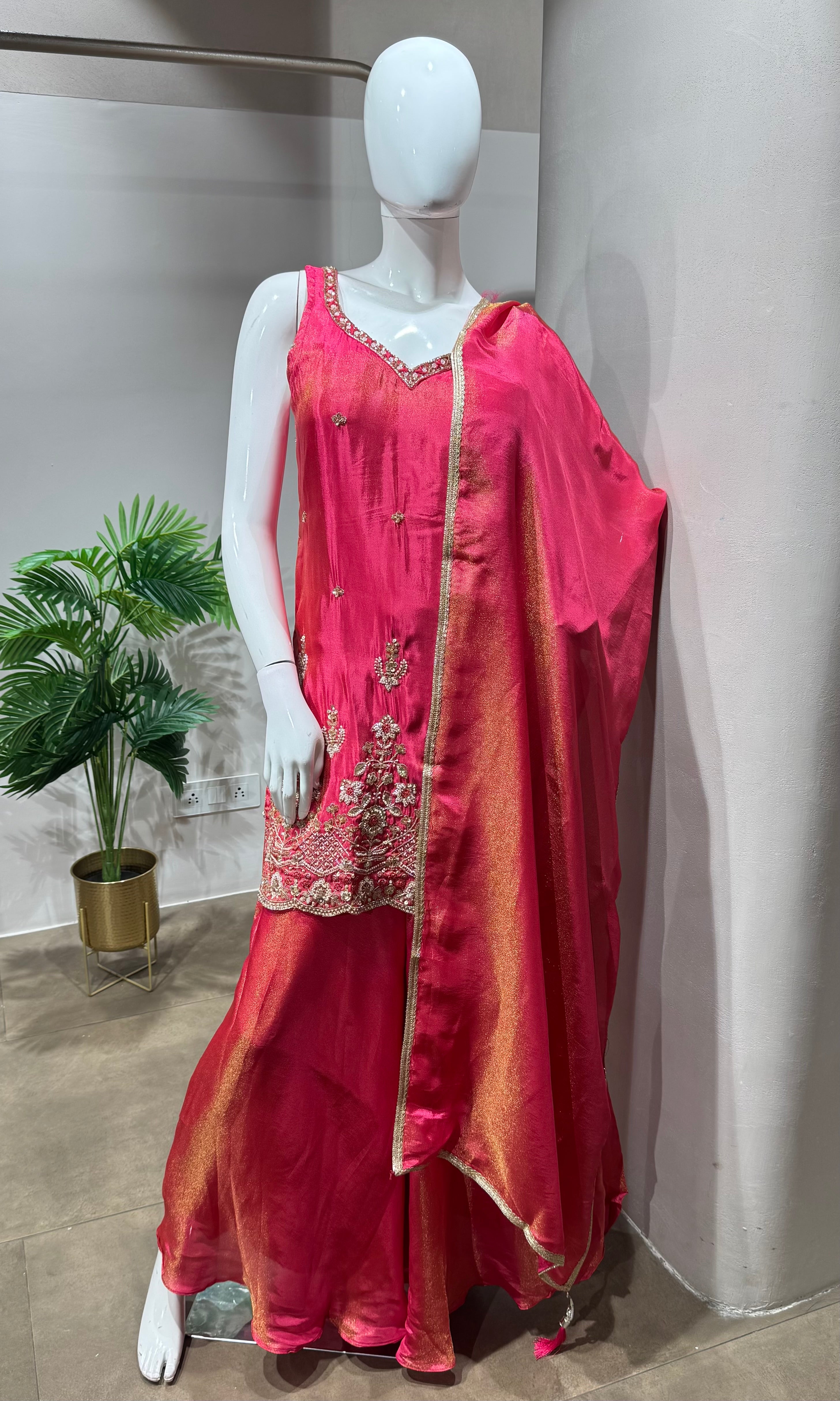 PINK SHIMMER GOLDEN EMBROIDERY SHARARA SET