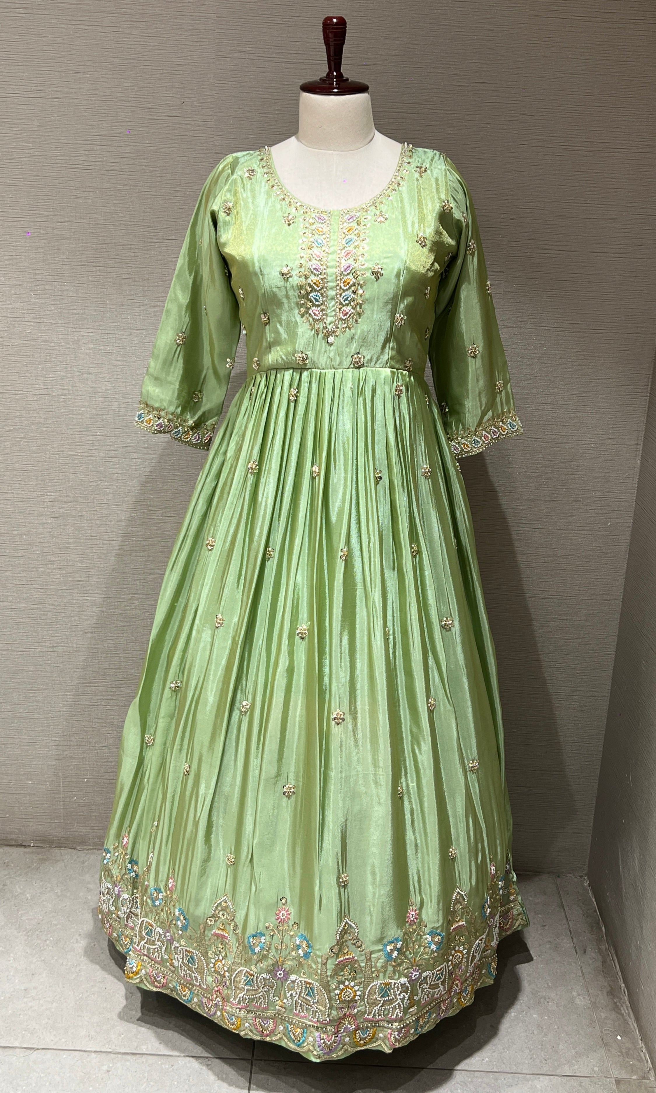 Light Green Embroidered Anarkali Long Gown with Dupatta