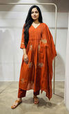 Rust golden floral mul chanderi kurta set