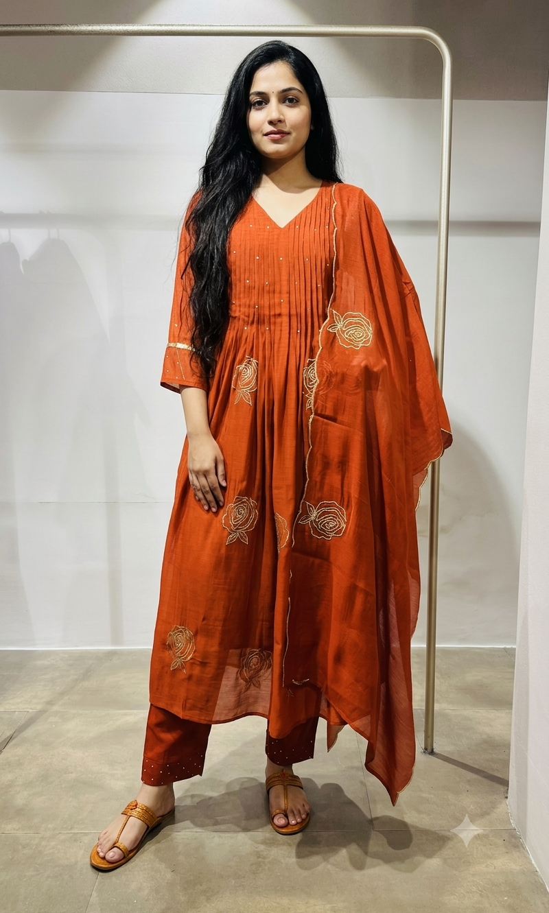 Rust golden floral mul chanderi kurta set