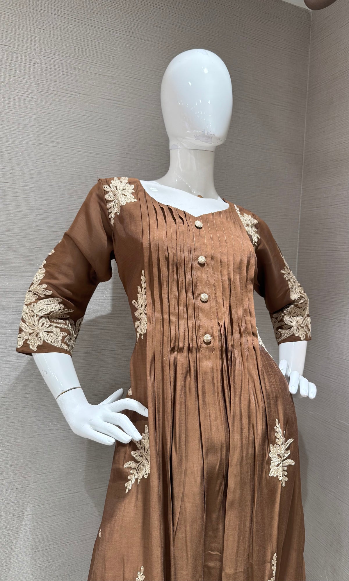 Brown Floral Mul Chenderi Kurta set with Dupatta