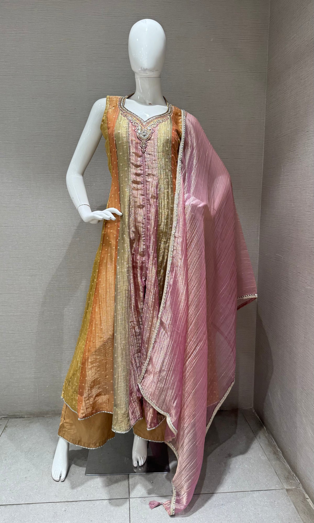 MULTI BANARASI TISSUE SILK ANARKALI SET WITH DUPATTA