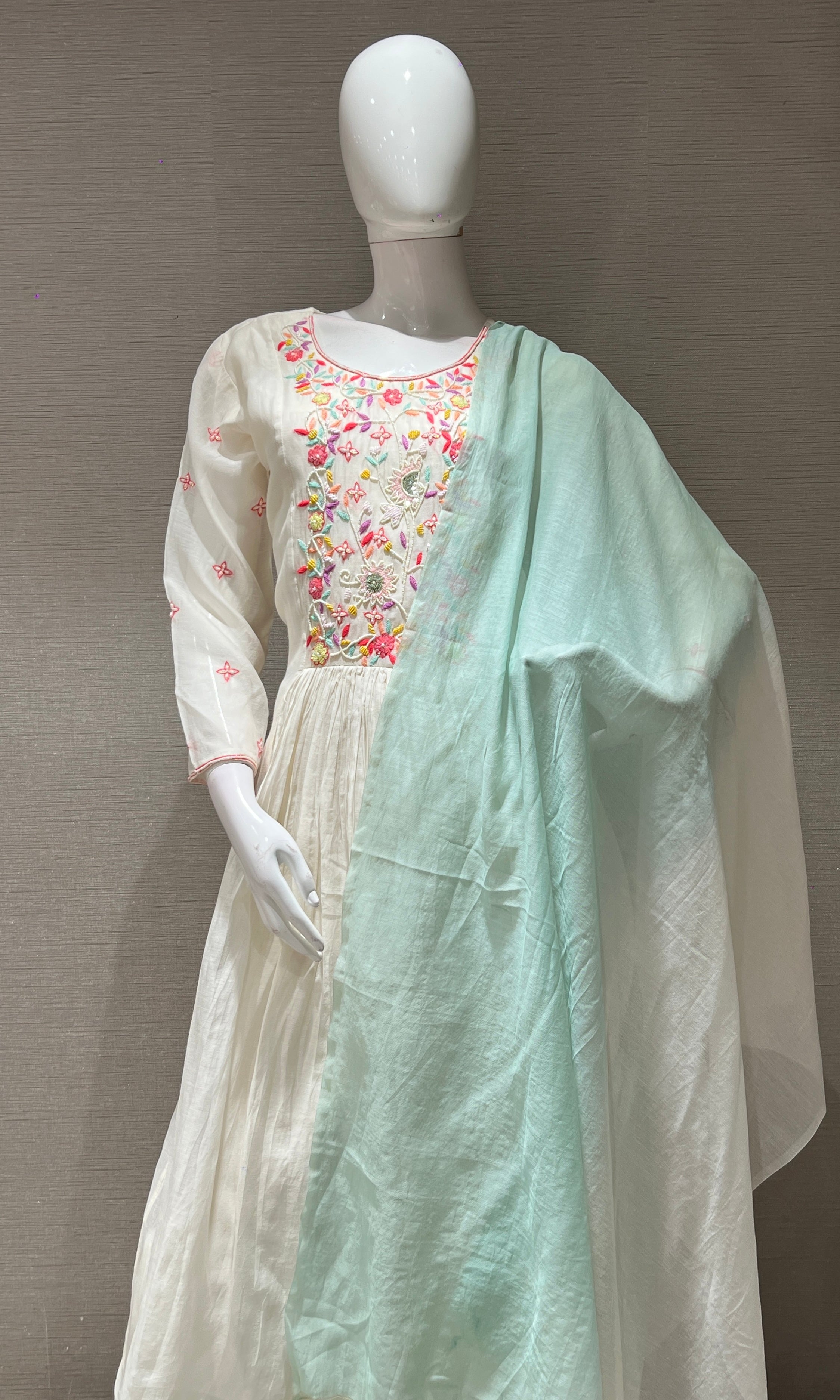 Half white floral bead work mul chanderi kurta set