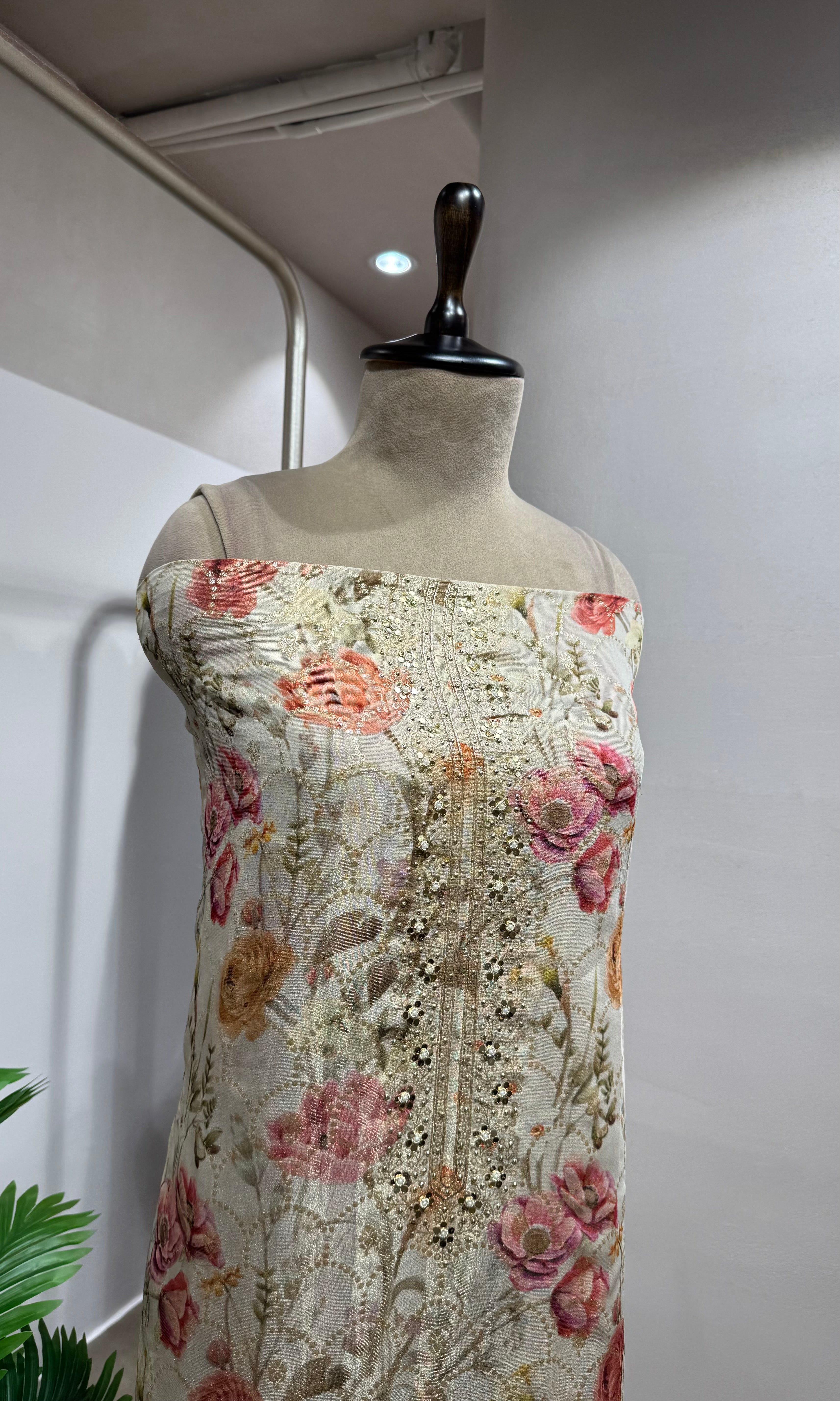 CREAM BANARASI SILK DRESS MATERIAL