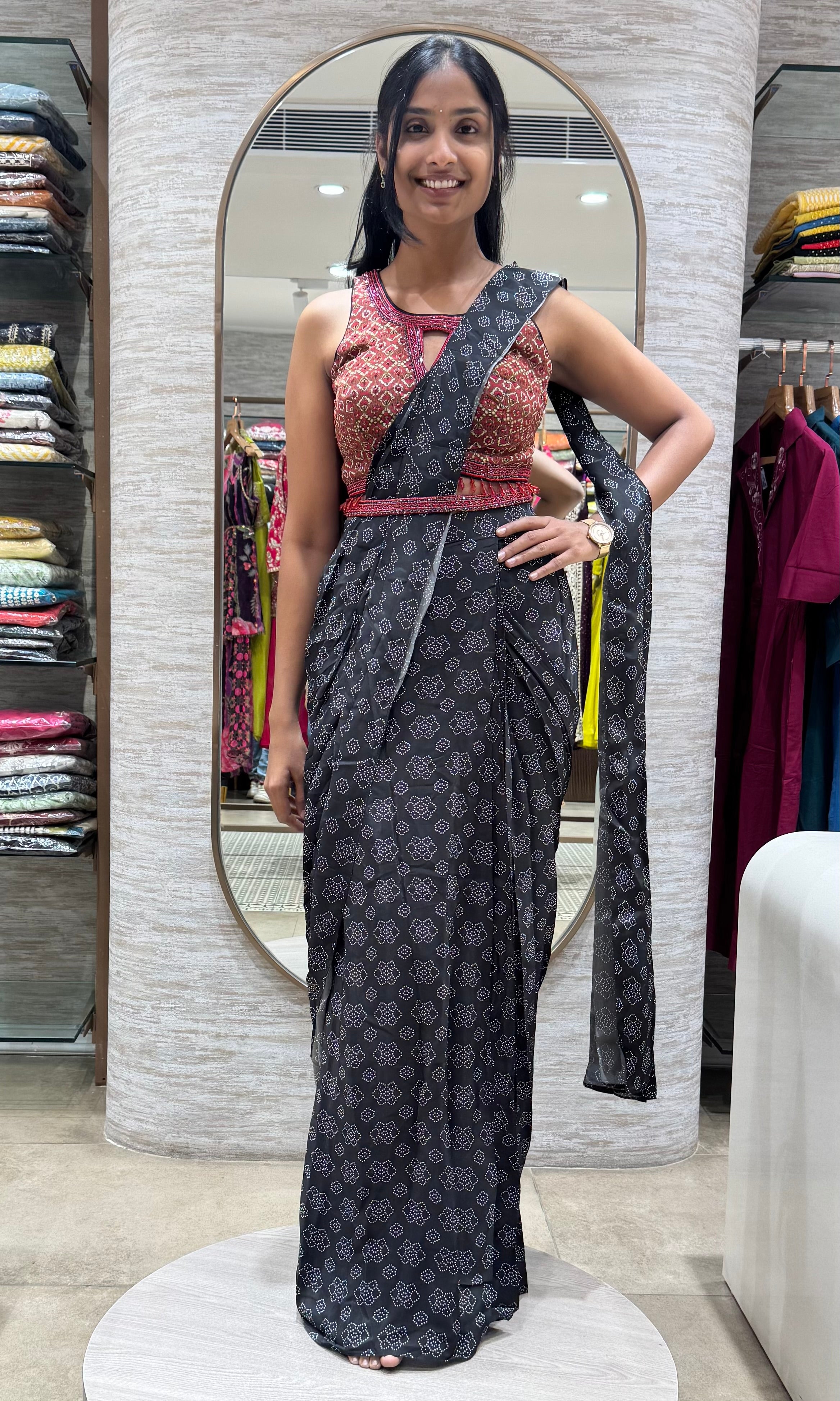 MAROON AND BLACK floral printed DRAPE SAREE
