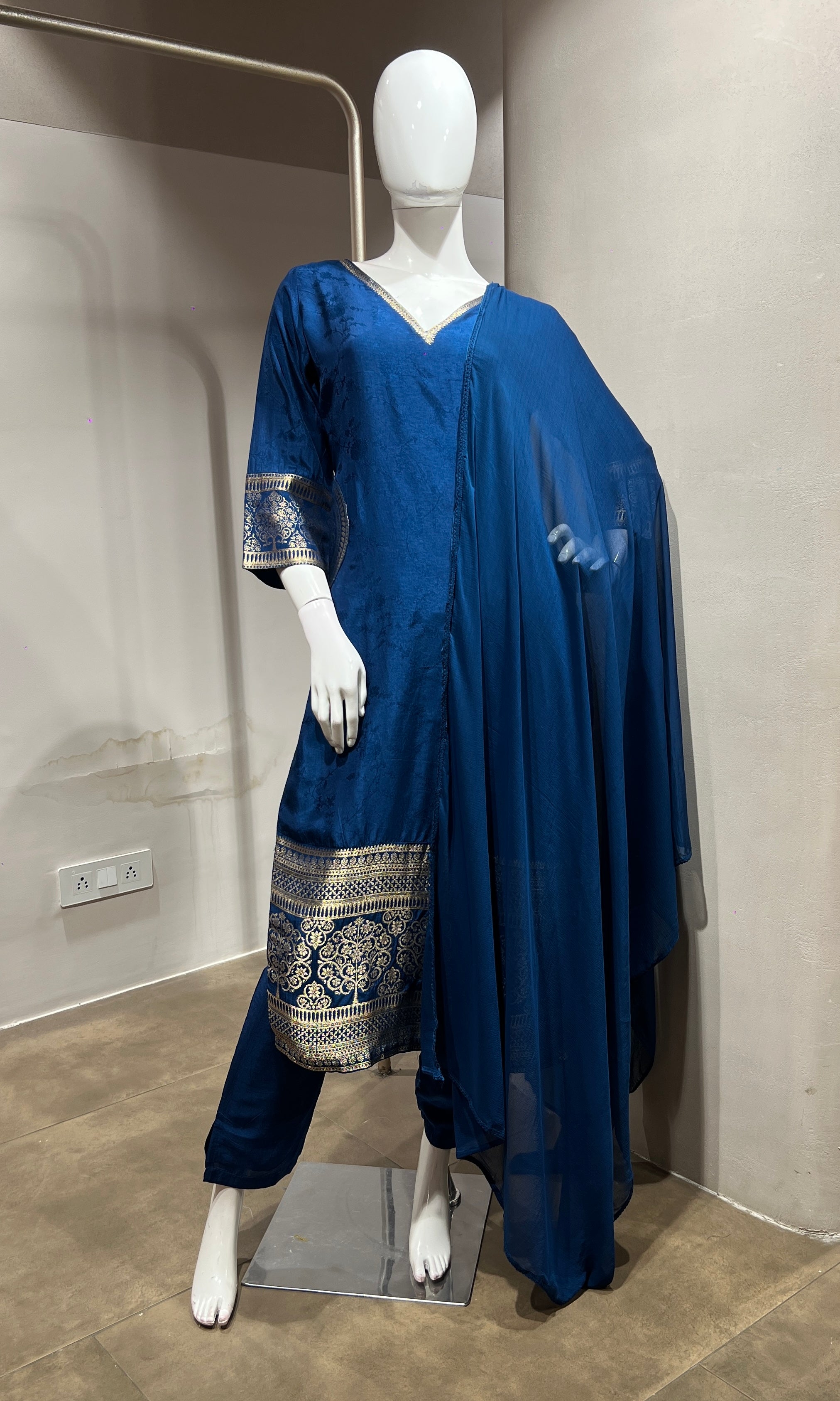 Peacock Blue Silk Straight Kurta Set with Gold Border