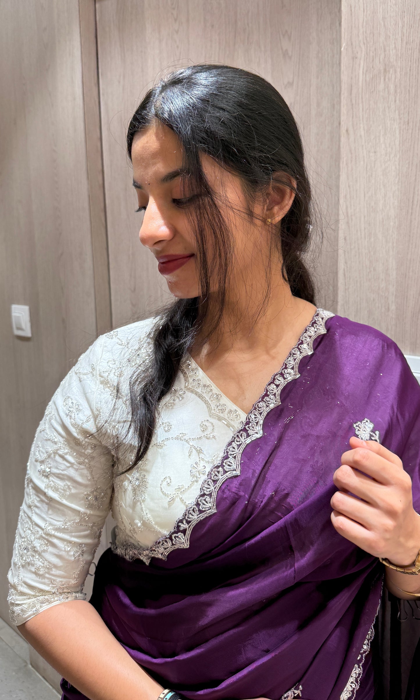 🤍White blouse with purple saree 7777💜