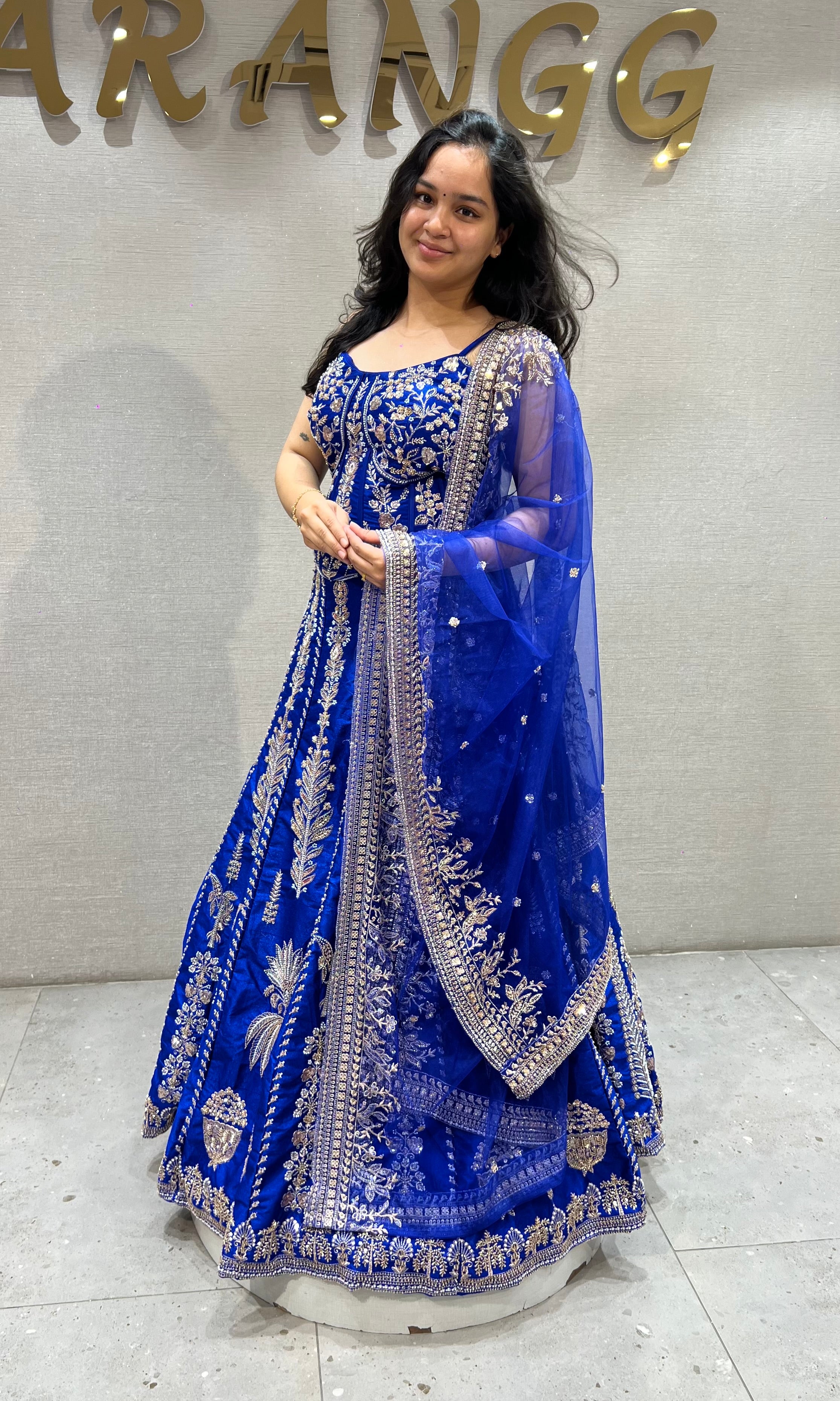 Royal blue embroidered peplum crop top lehenga set