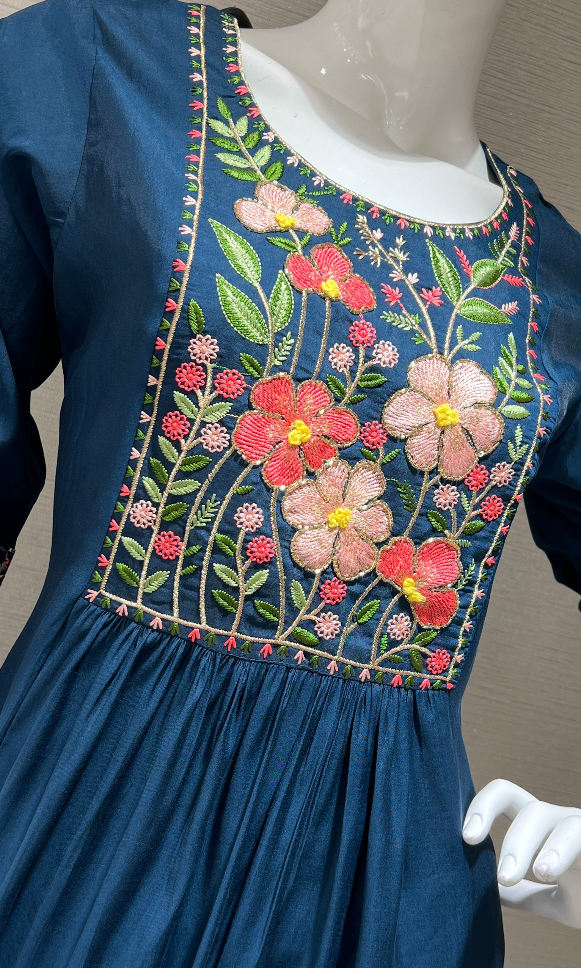 Blue Floral Embroidery Mul Chanderi kurta set