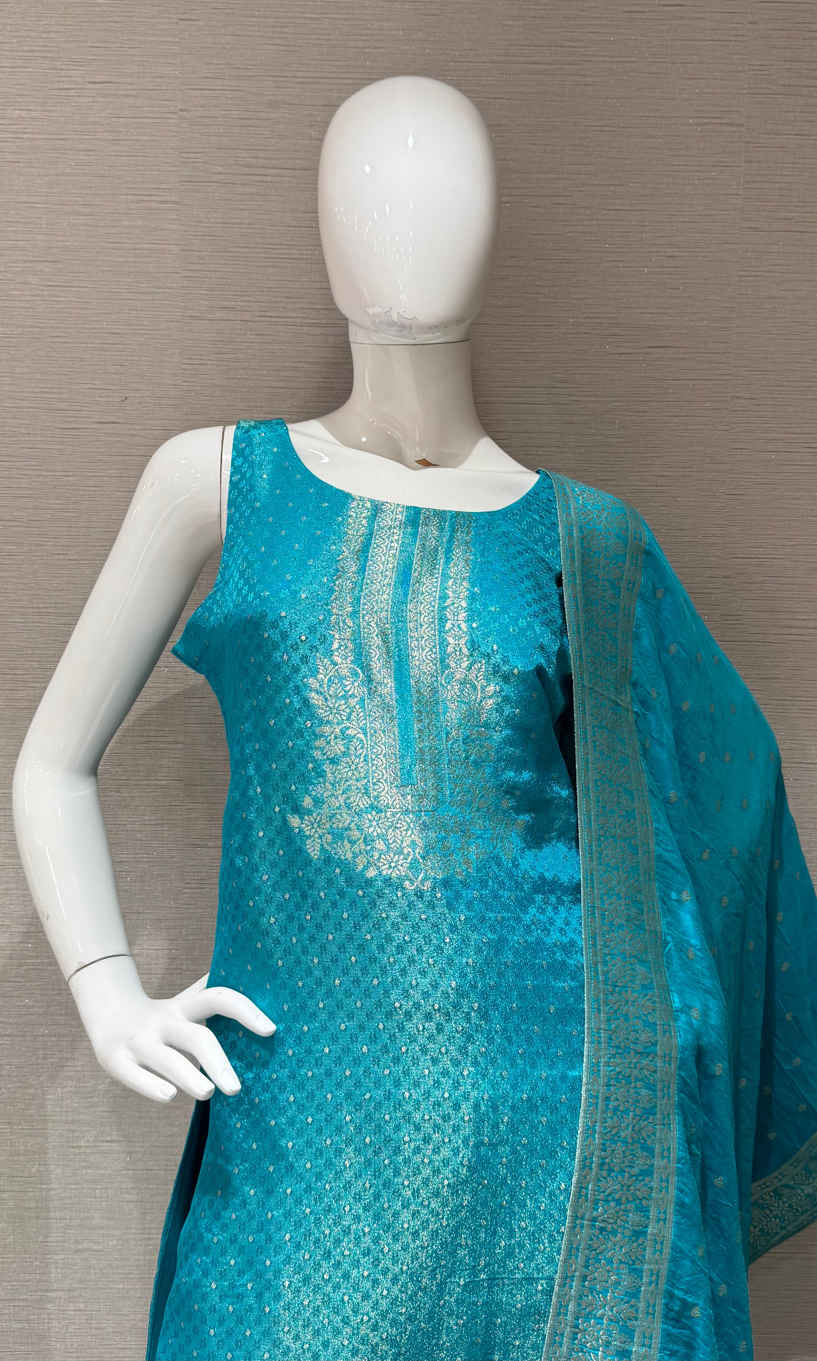 Sky Blue Kurta Set with Metallic Border Dupatta