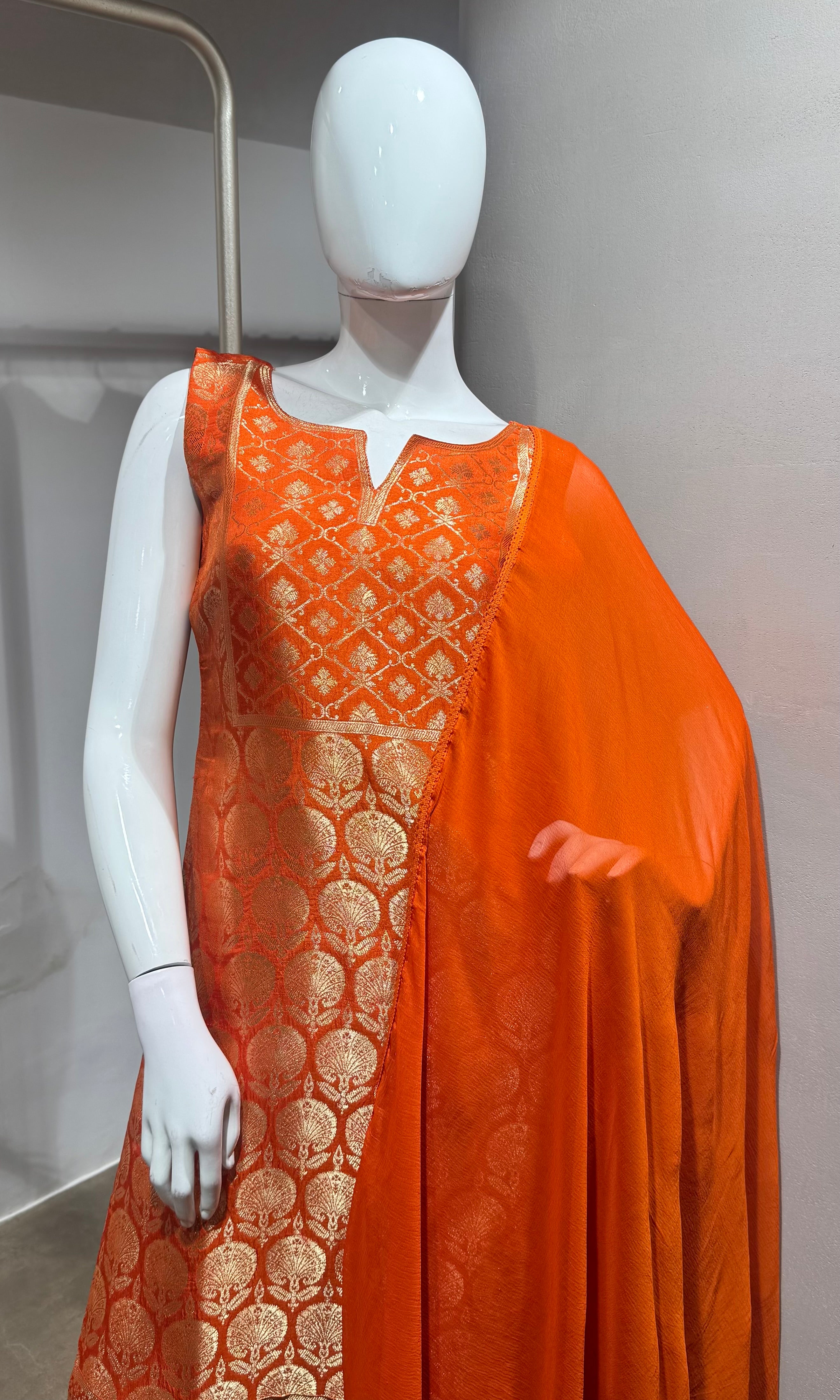 Orange golden banarasi kurta set