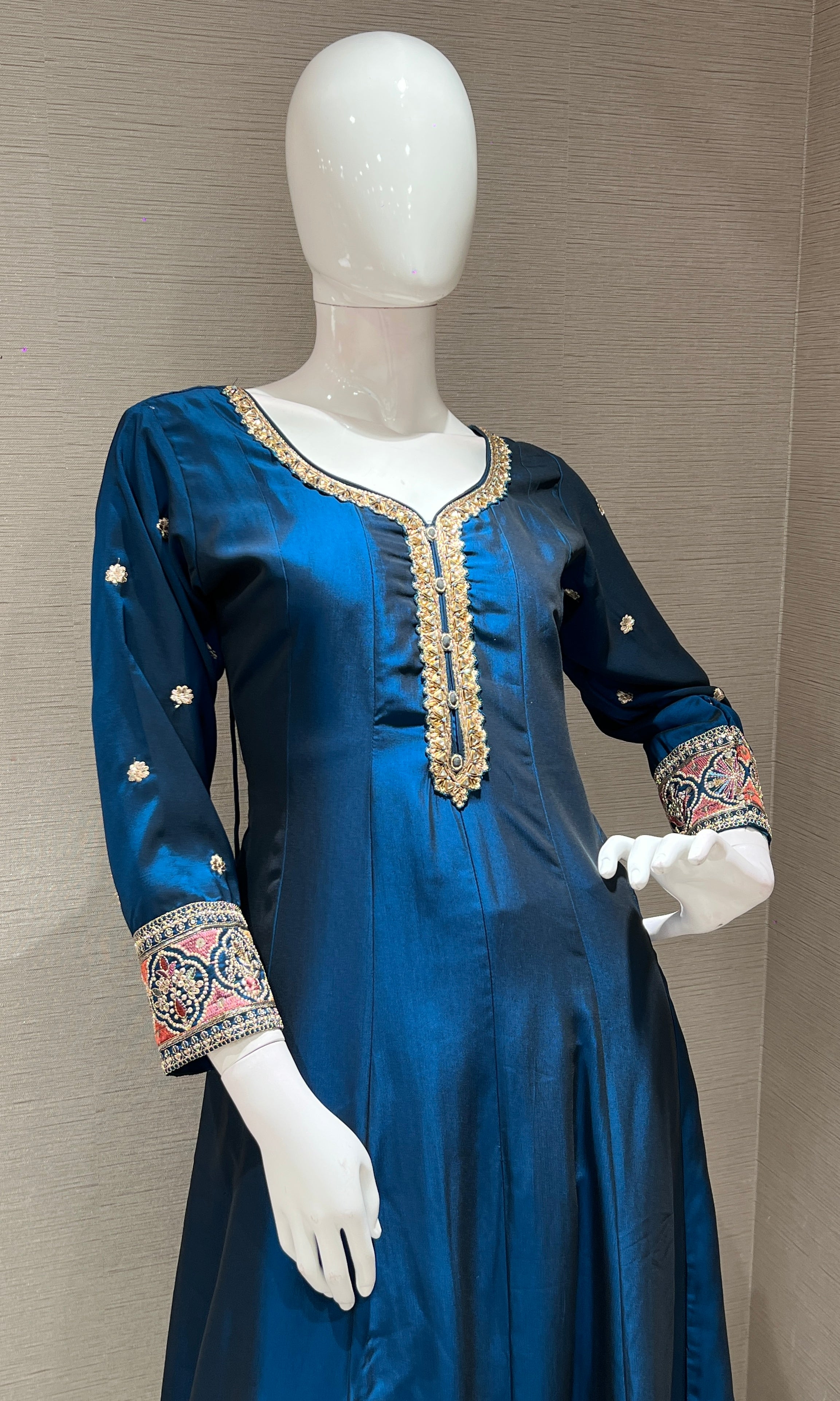 Rama blue gold embroidery Anarkali set
