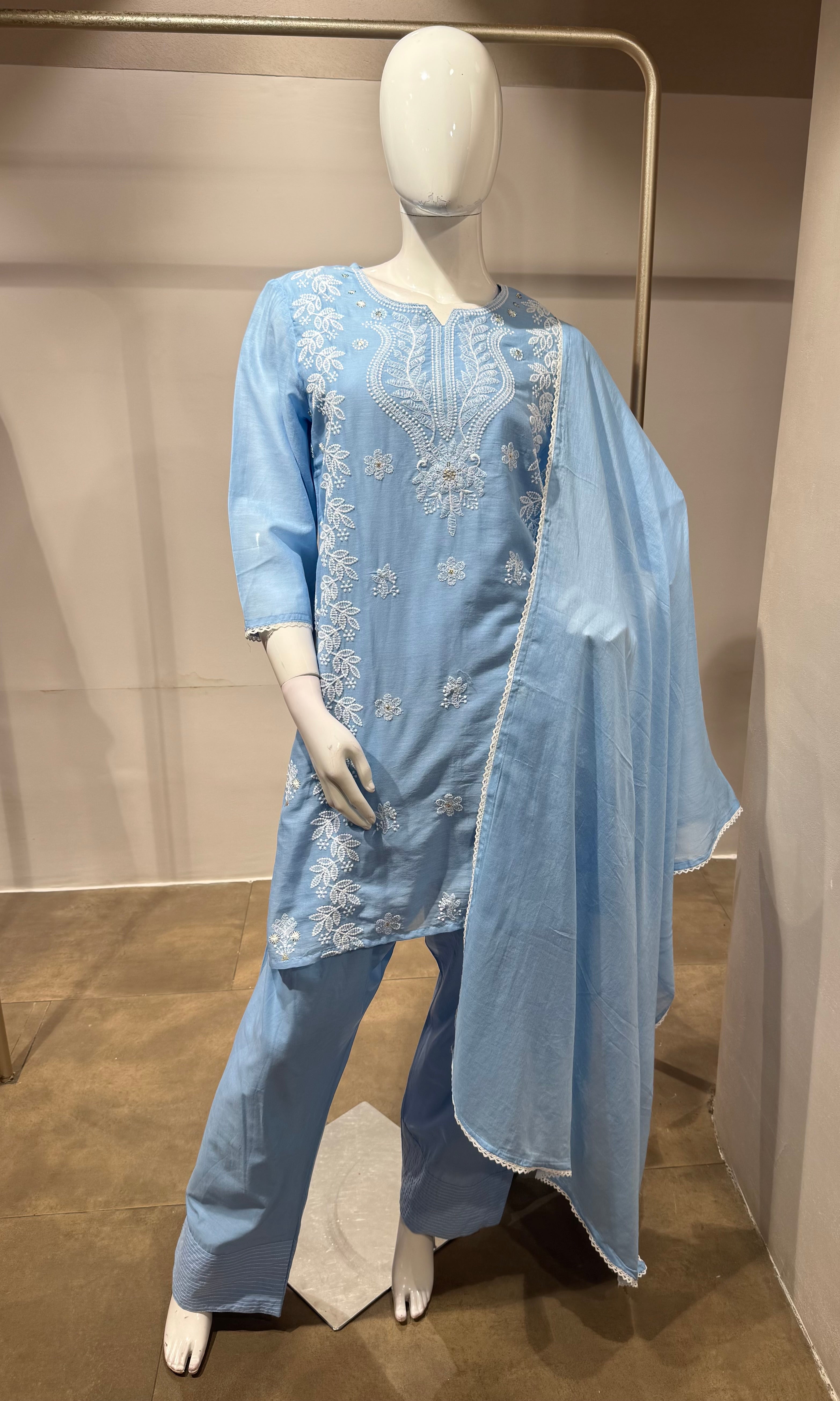 Blue Embroidered Kurta set with Dupatta