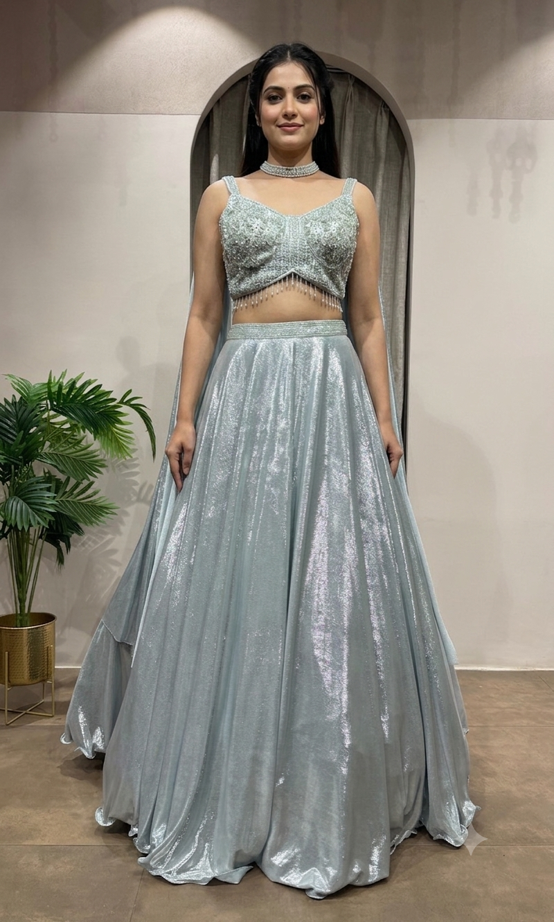 Sea Blue Shimmer Lehenga with Embroidered Blouse