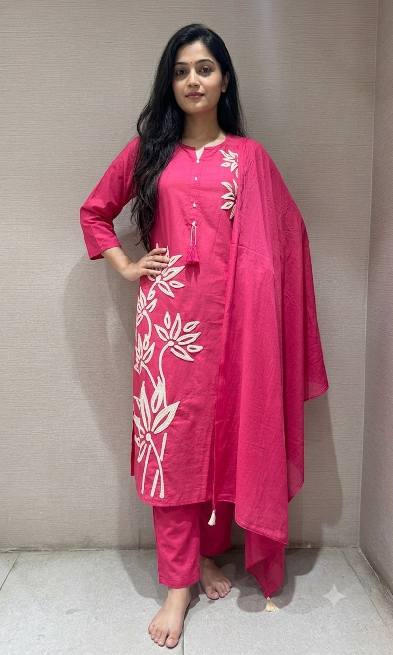 pink embroidery cotton kurta set with a dupatta