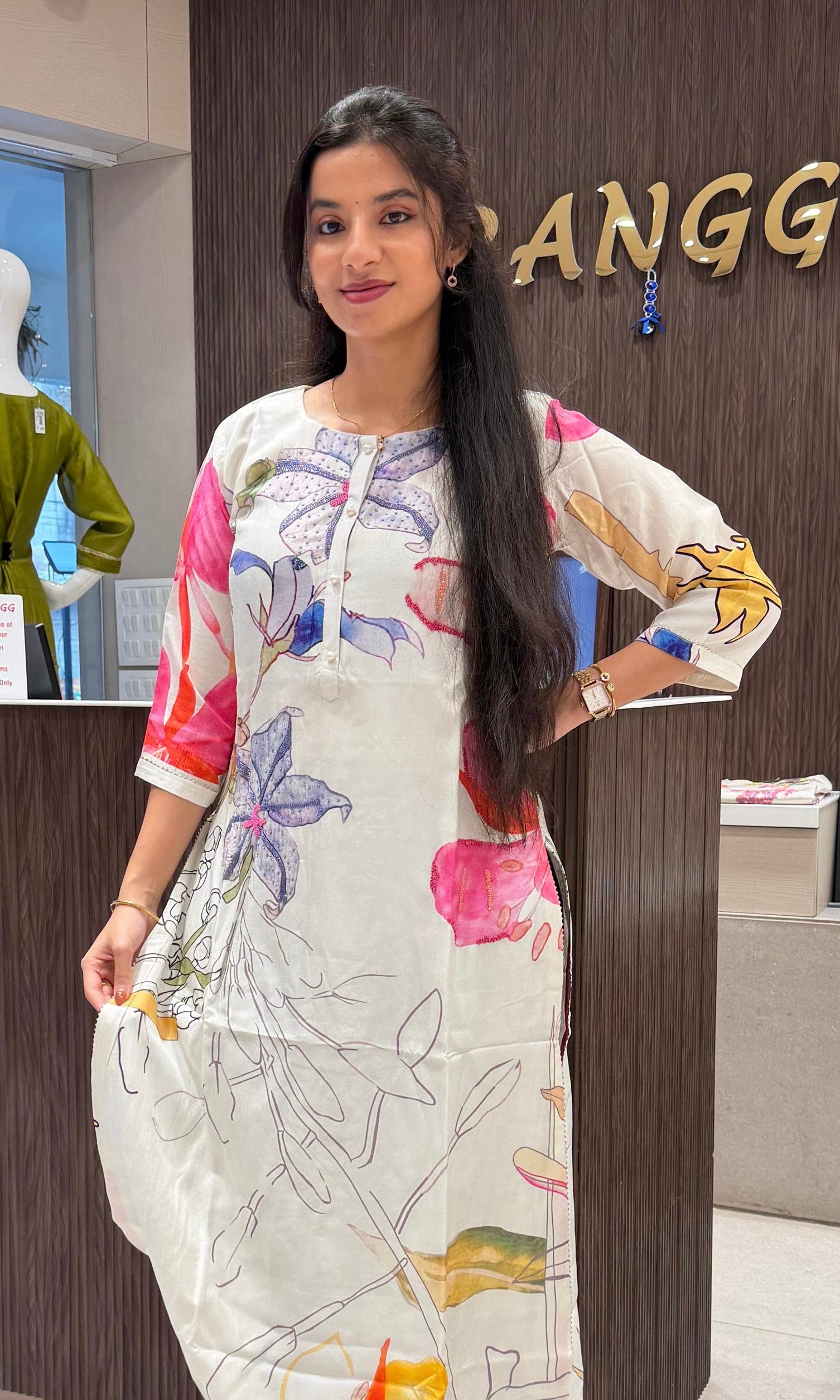 White Floral Printed A-Line Kurta