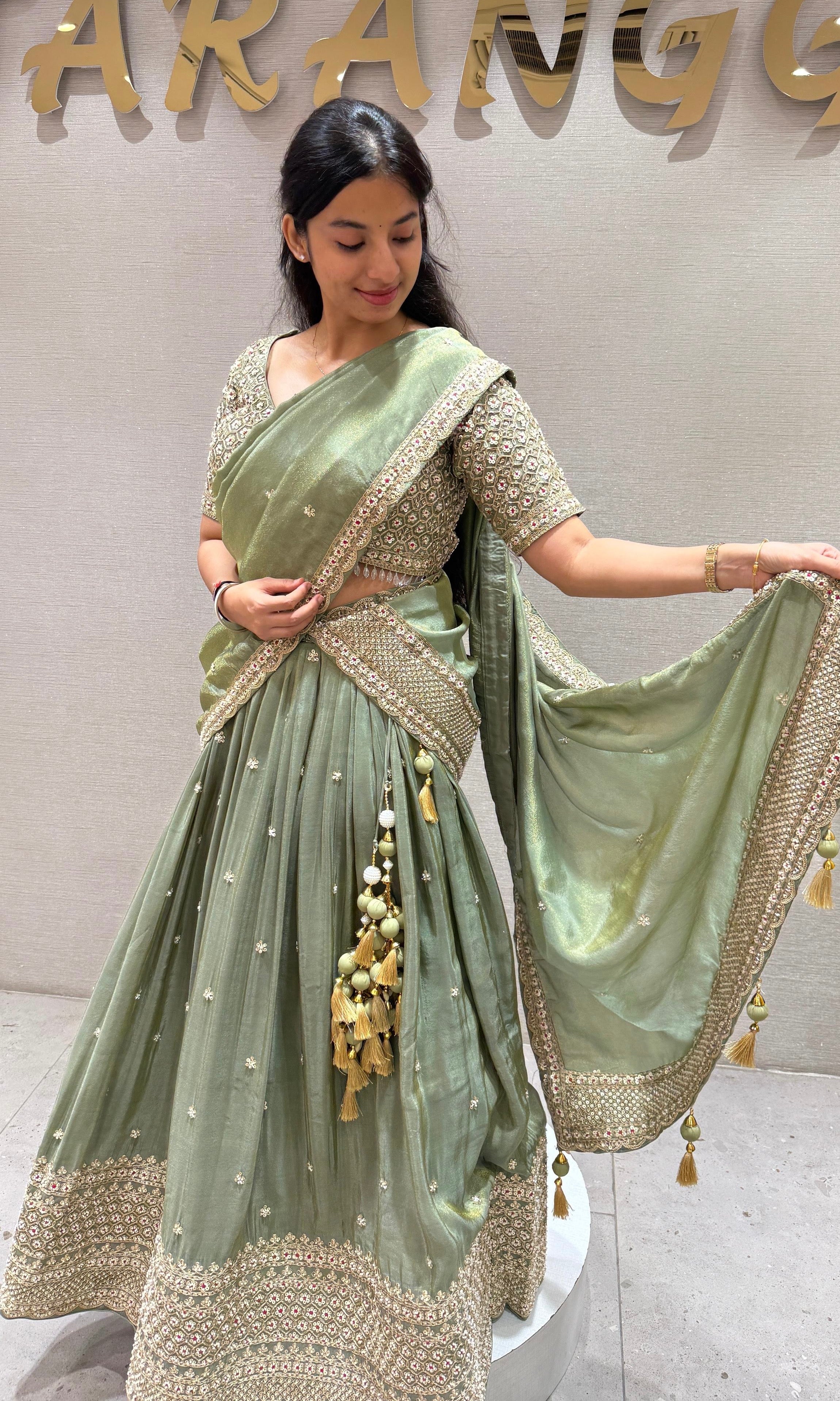 Vanika Sitara - Sage Green Lehenga with Floral & Gold Thread Work Embellishments