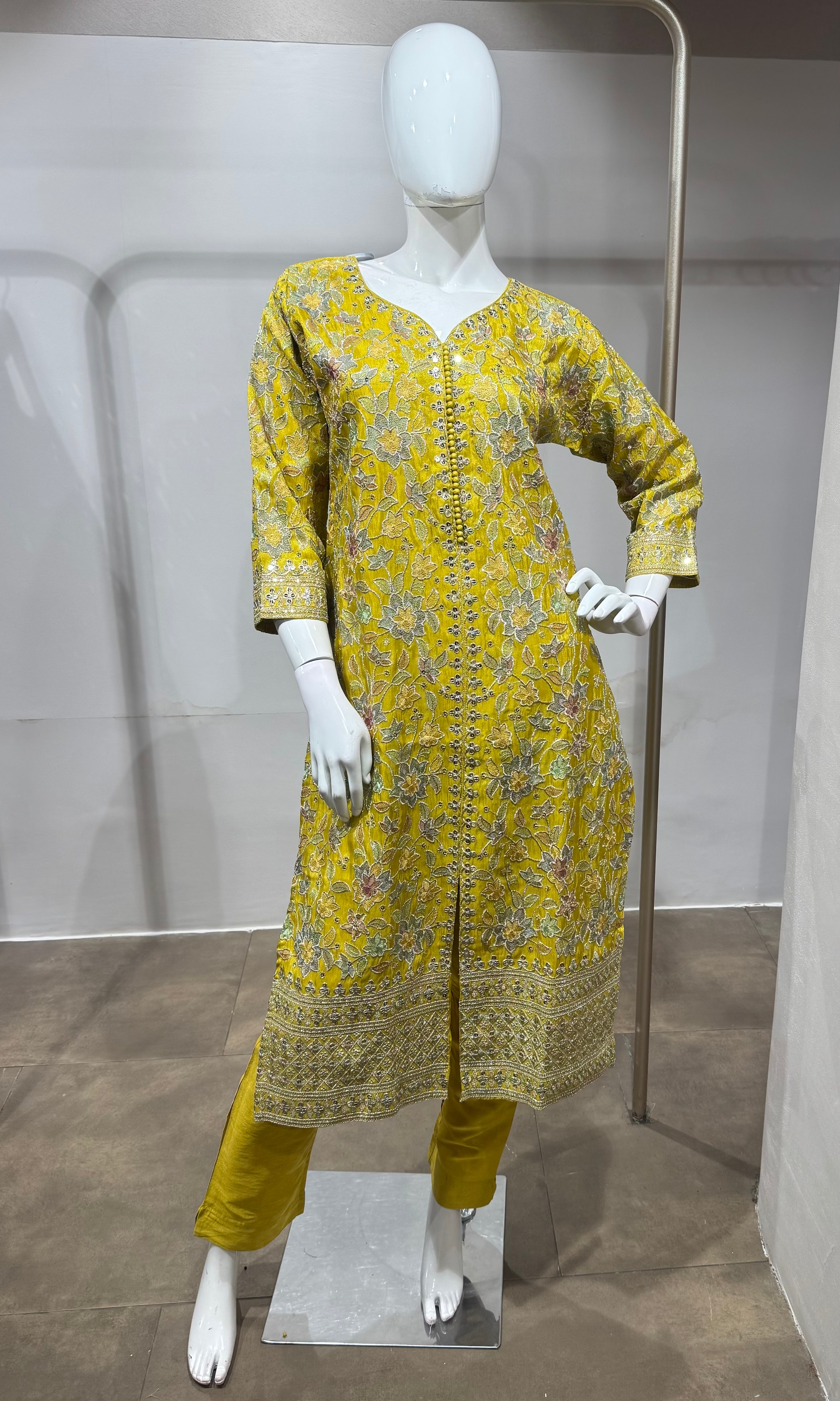 Yellow embroidered straight kurta set