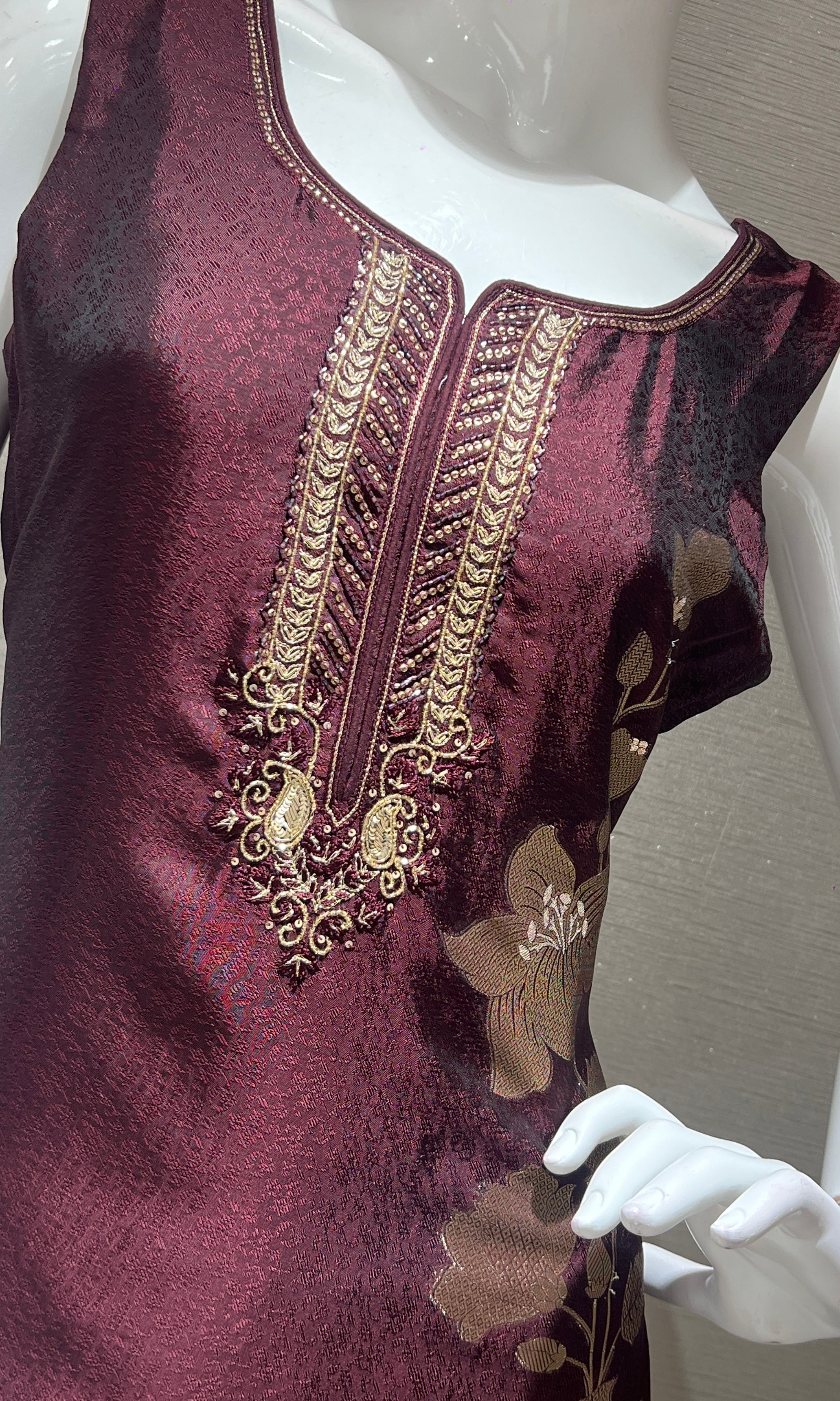 wine floral embroidered kurta set