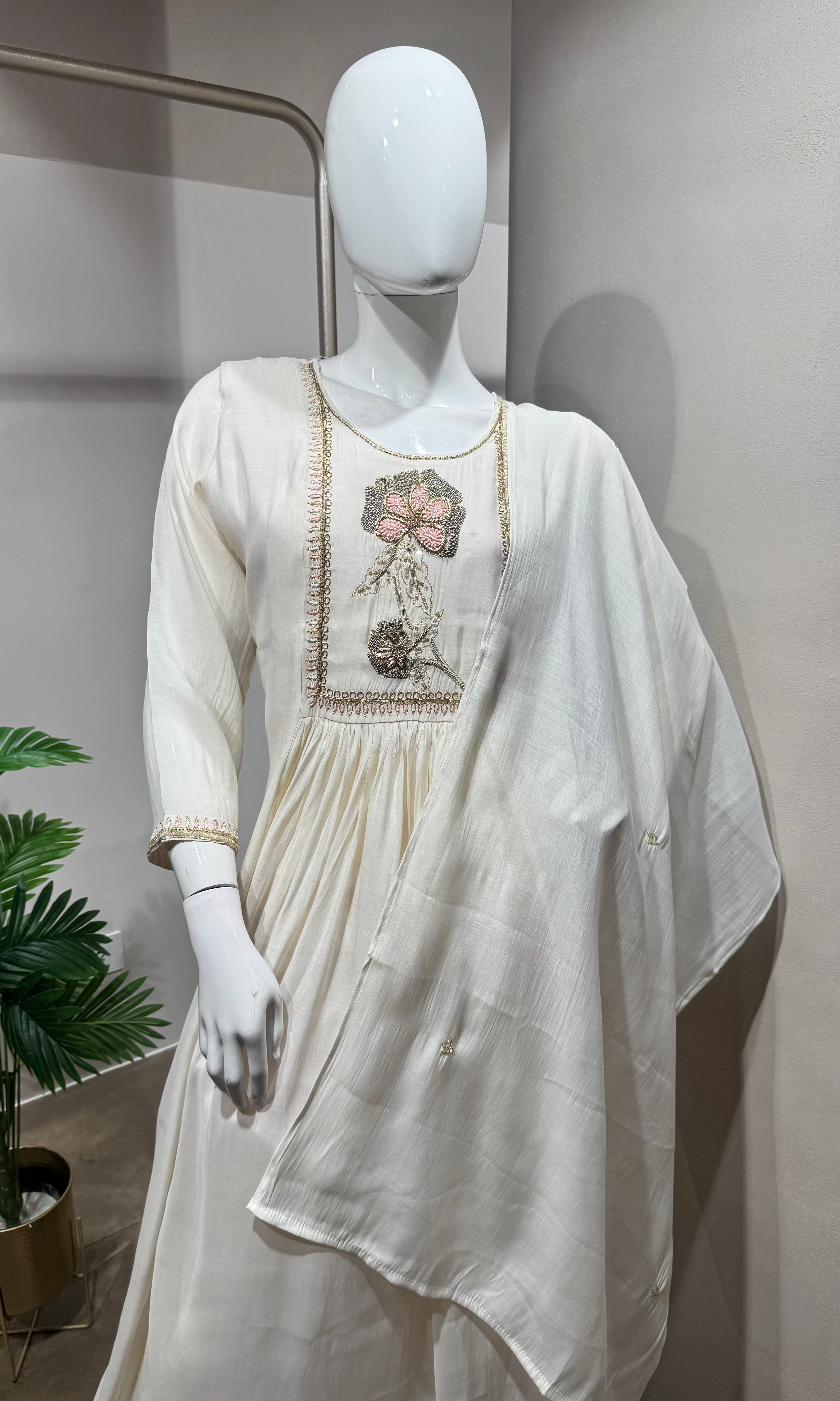 Cream Blossom Floral Embroidered KURTA Set